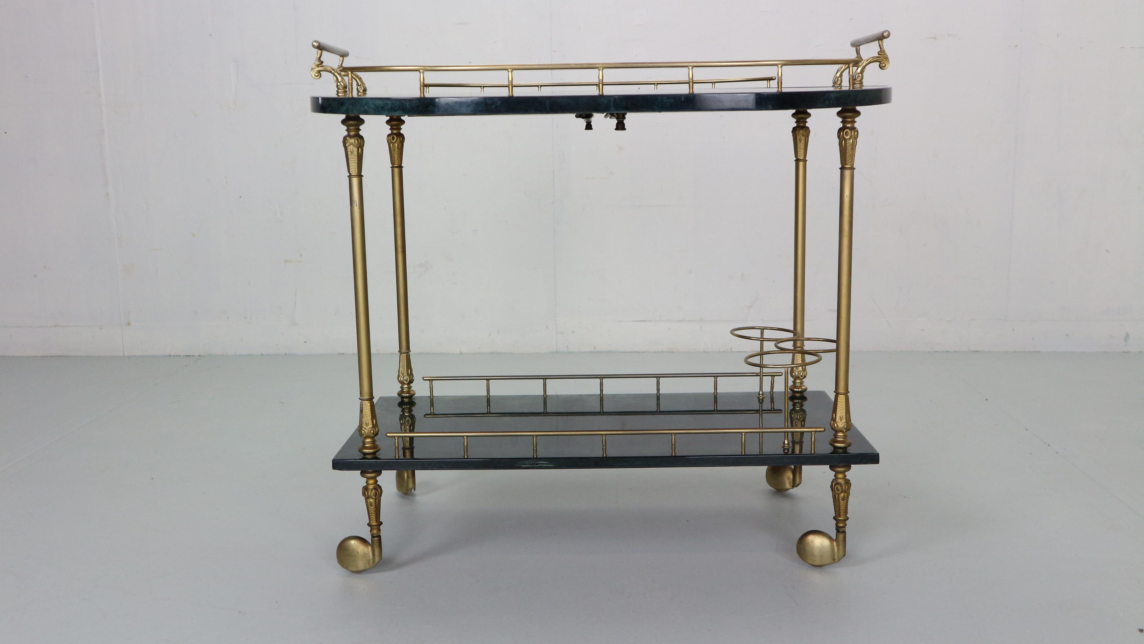 Aldo Tura Green Lacquered Goat Skin & Brass Bar Cart, 1950's, Italy In Good Condition In The Hague, NL