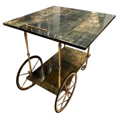 Aldo Tura Green Lacquered Goatskin Bar Cart, Brass Two-Tier Drinks Trolley