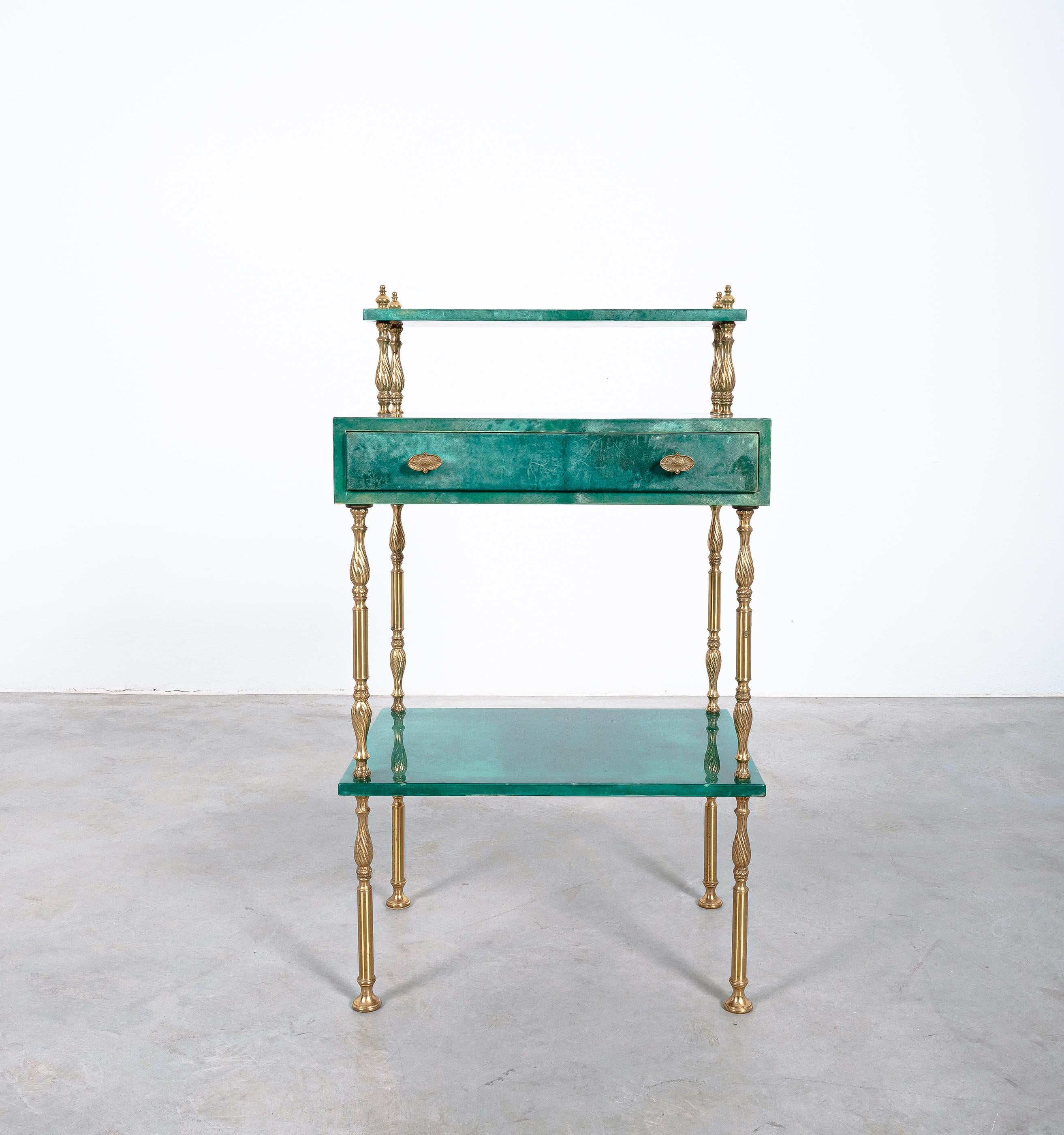 Mid-Century Modern Aldo Tura Green Parchment and Brass Side Bed Table, circa 1960