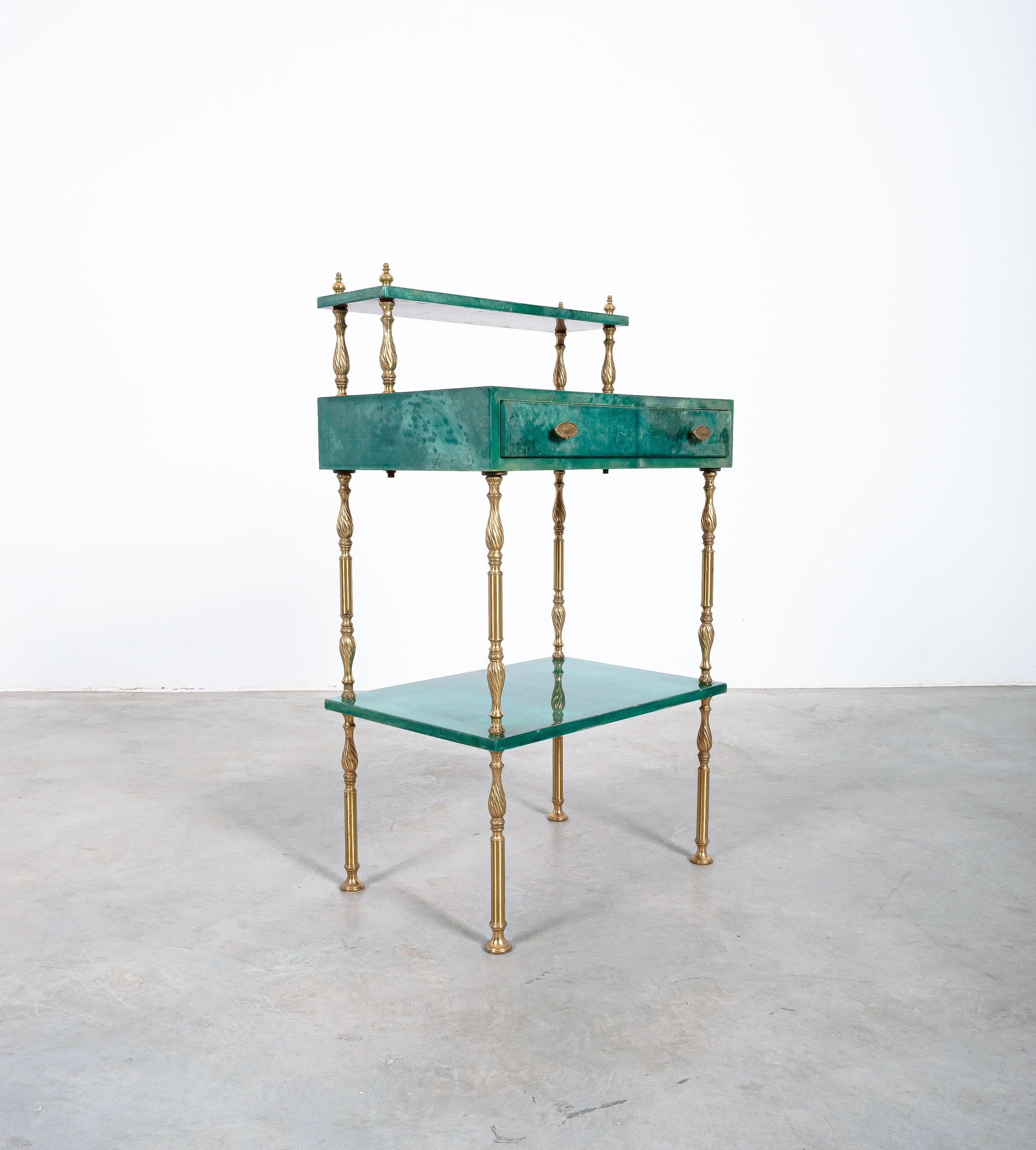 Italian Aldo Tura Green Parchment and Brass Side Bed Table, circa 1960