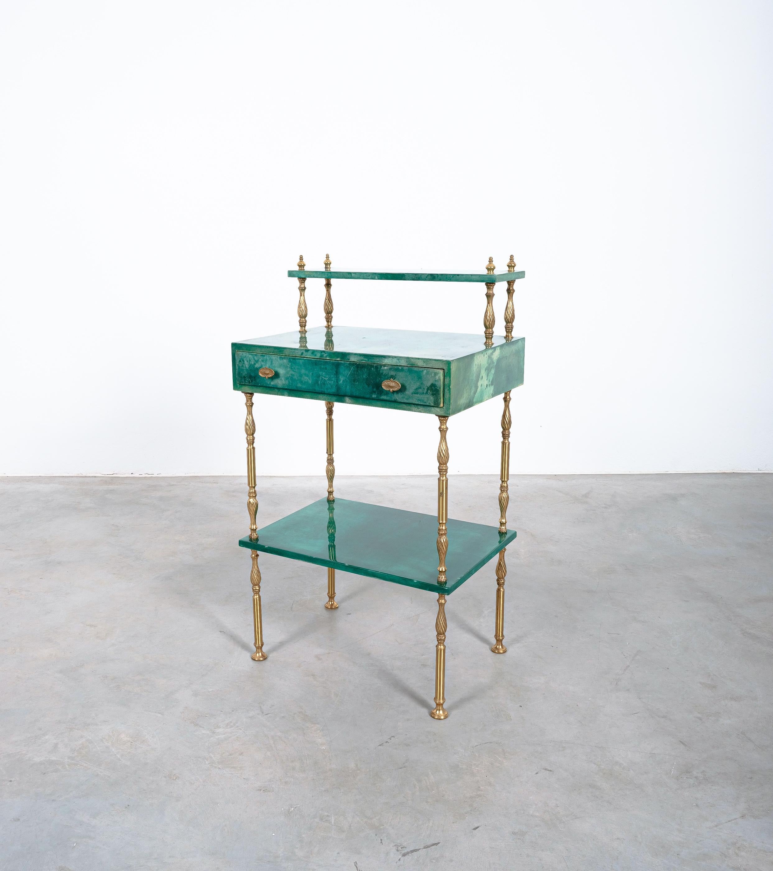 Mid-20th Century Aldo Tura Green Parchment and Brass Side Bed Table, circa 1960