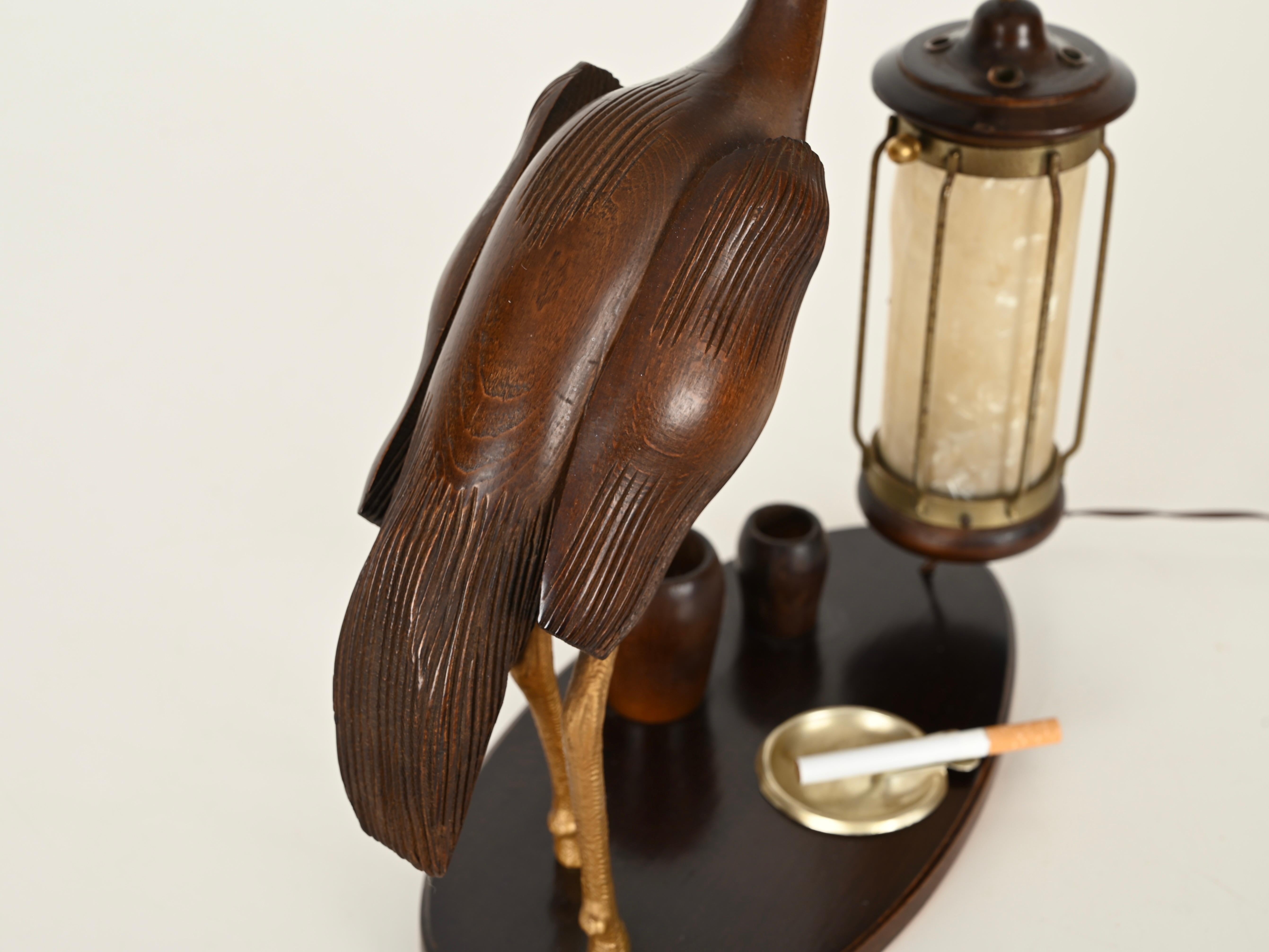 Aldo Tura Reiherlampe aus geschnitztem Holz, vergoldete Bronze, Perlmutt, Italien 1950er Jahre im Angebot 2