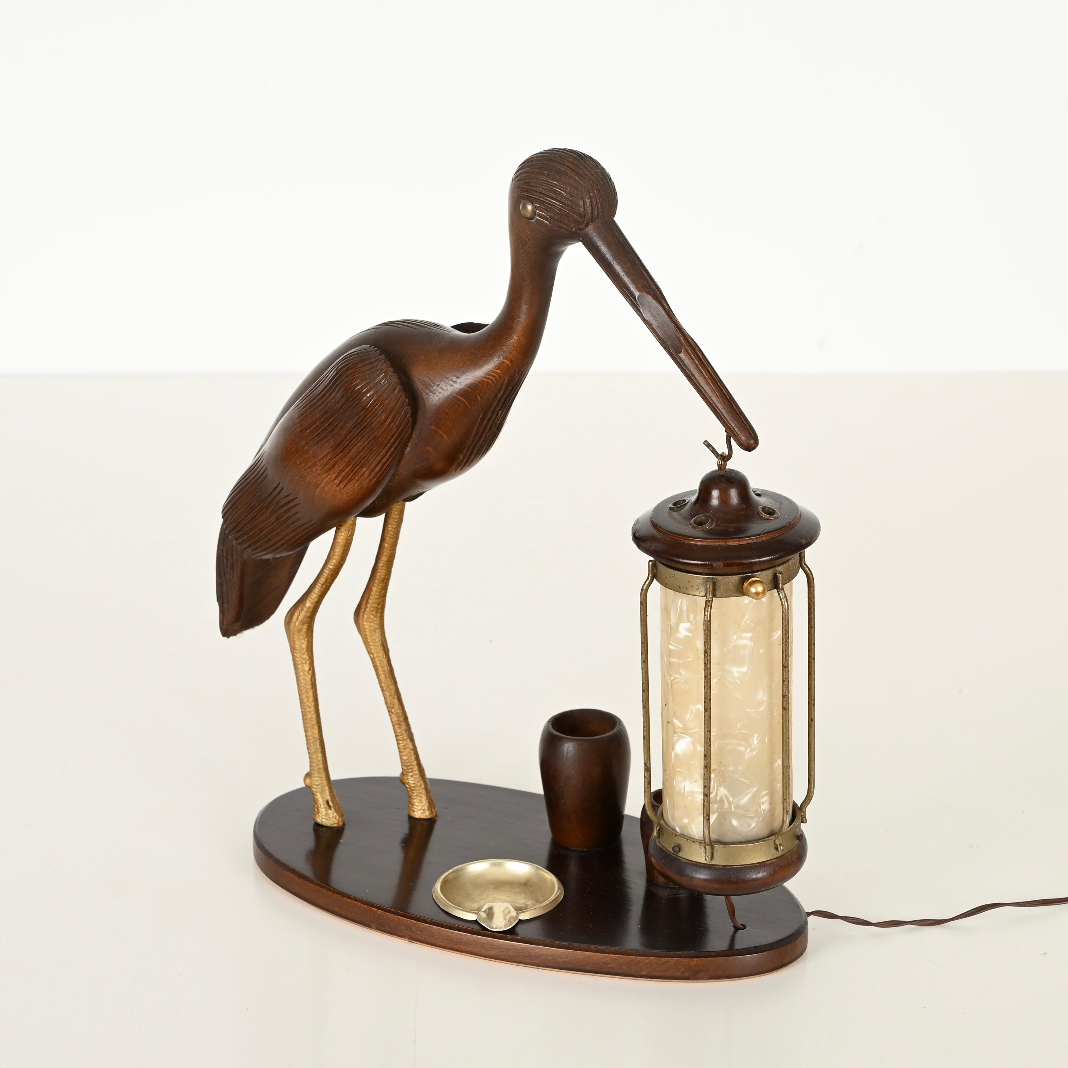 Aldo Tura Reiherlampe aus geschnitztem Holz, vergoldete Bronze, Perlmutt, Italien 1950er Jahre im Angebot 3