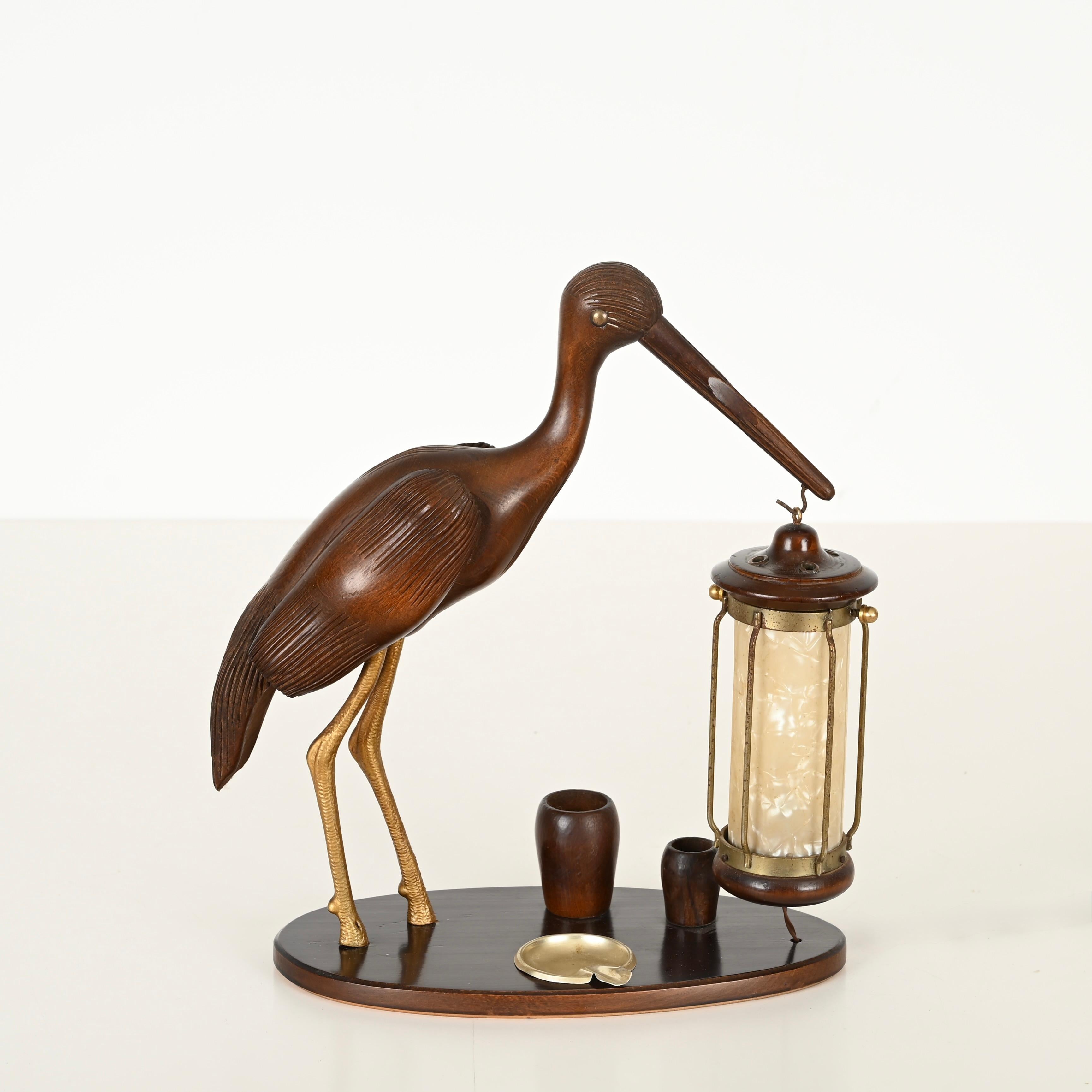 Aldo Tura Reiherlampe aus geschnitztem Holz, vergoldete Bronze, Perlmutt, Italien 1950er Jahre im Angebot 4