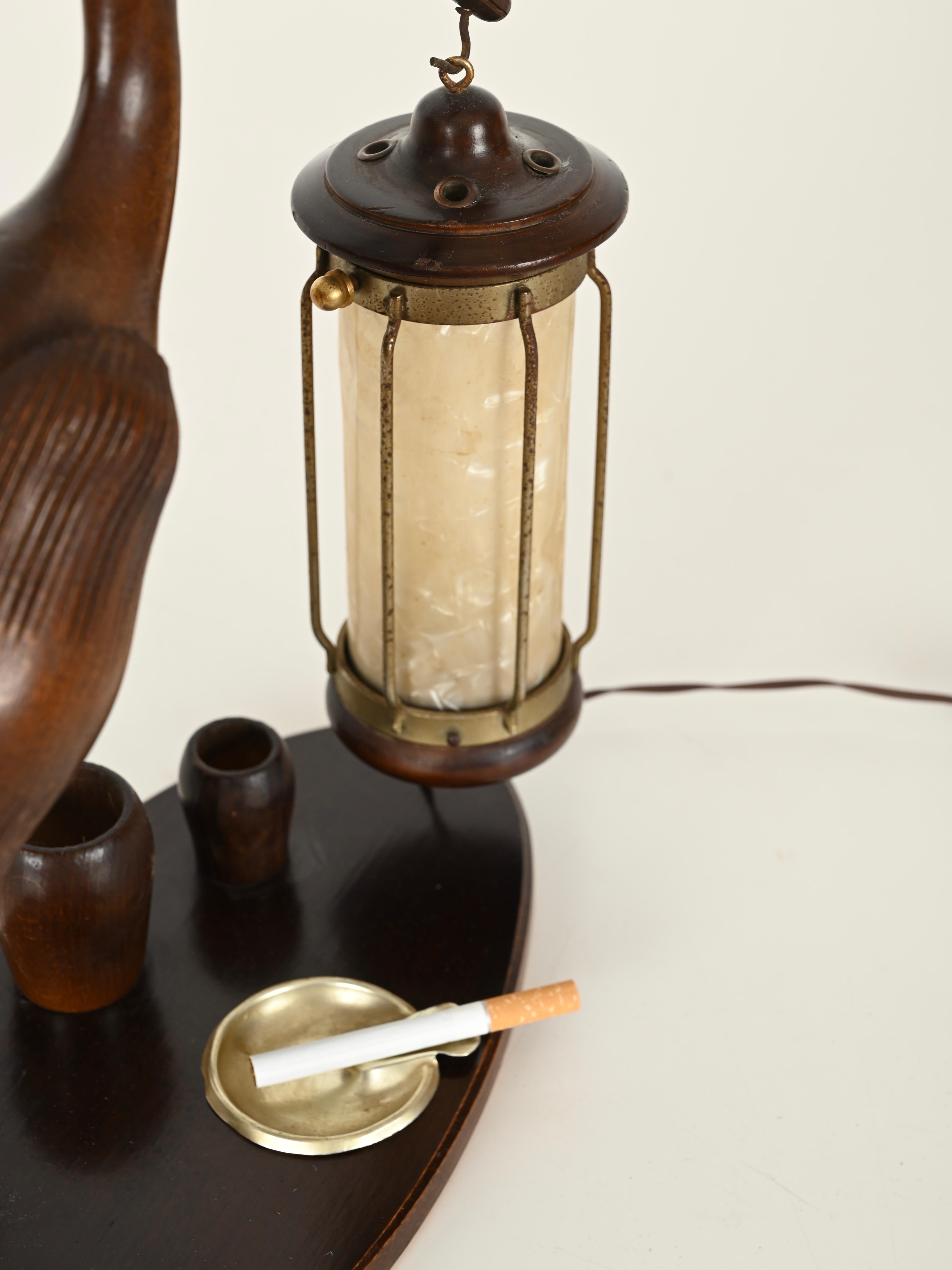 Aldo Tura Reiherlampe aus geschnitztem Holz, vergoldete Bronze, Perlmutt, Italien 1950er Jahre im Angebot 5