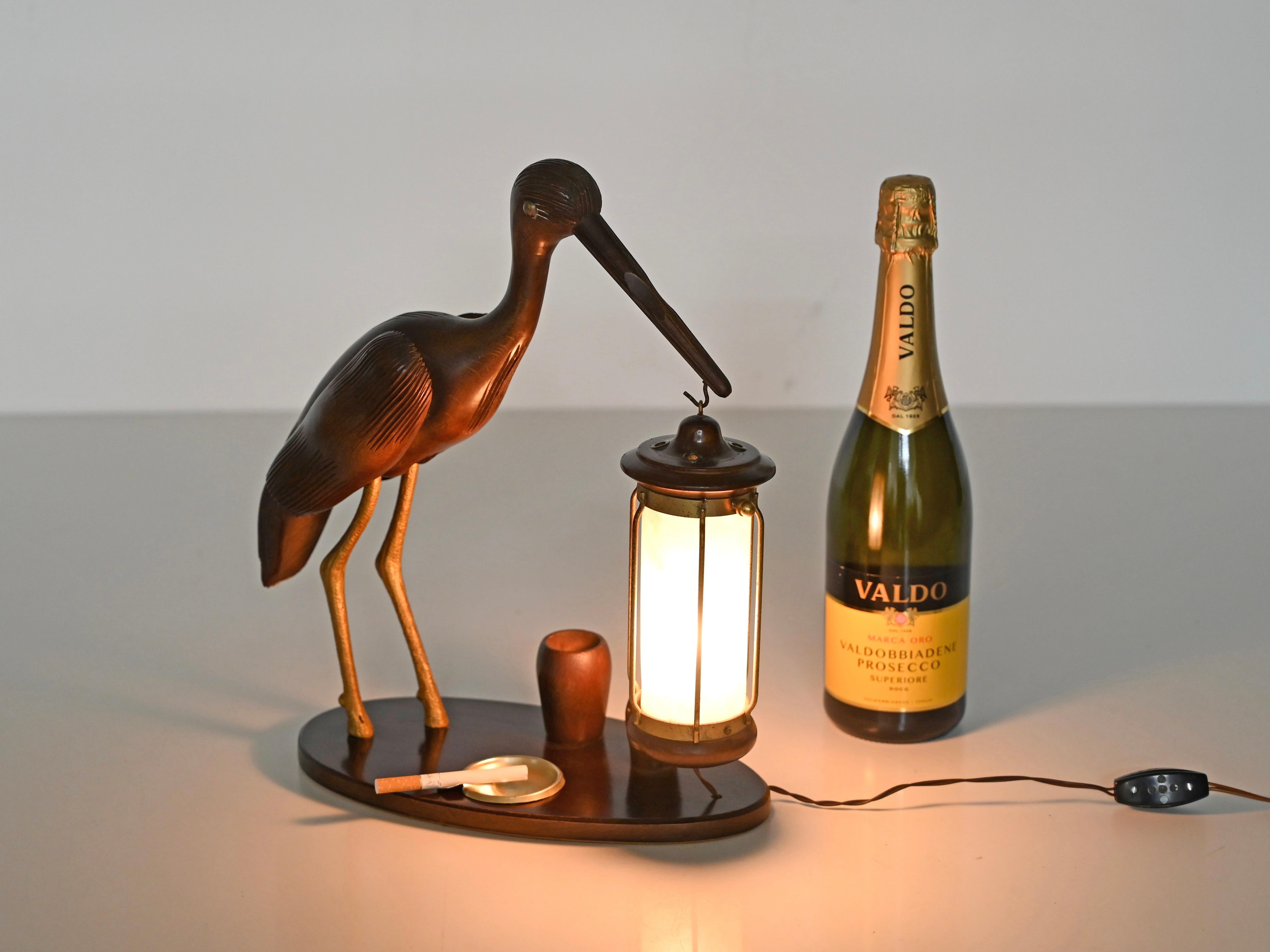 Aldo Tura Reiherlampe aus geschnitztem Holz, vergoldete Bronze, Perlmutt, Italien 1950er Jahre im Angebot 6