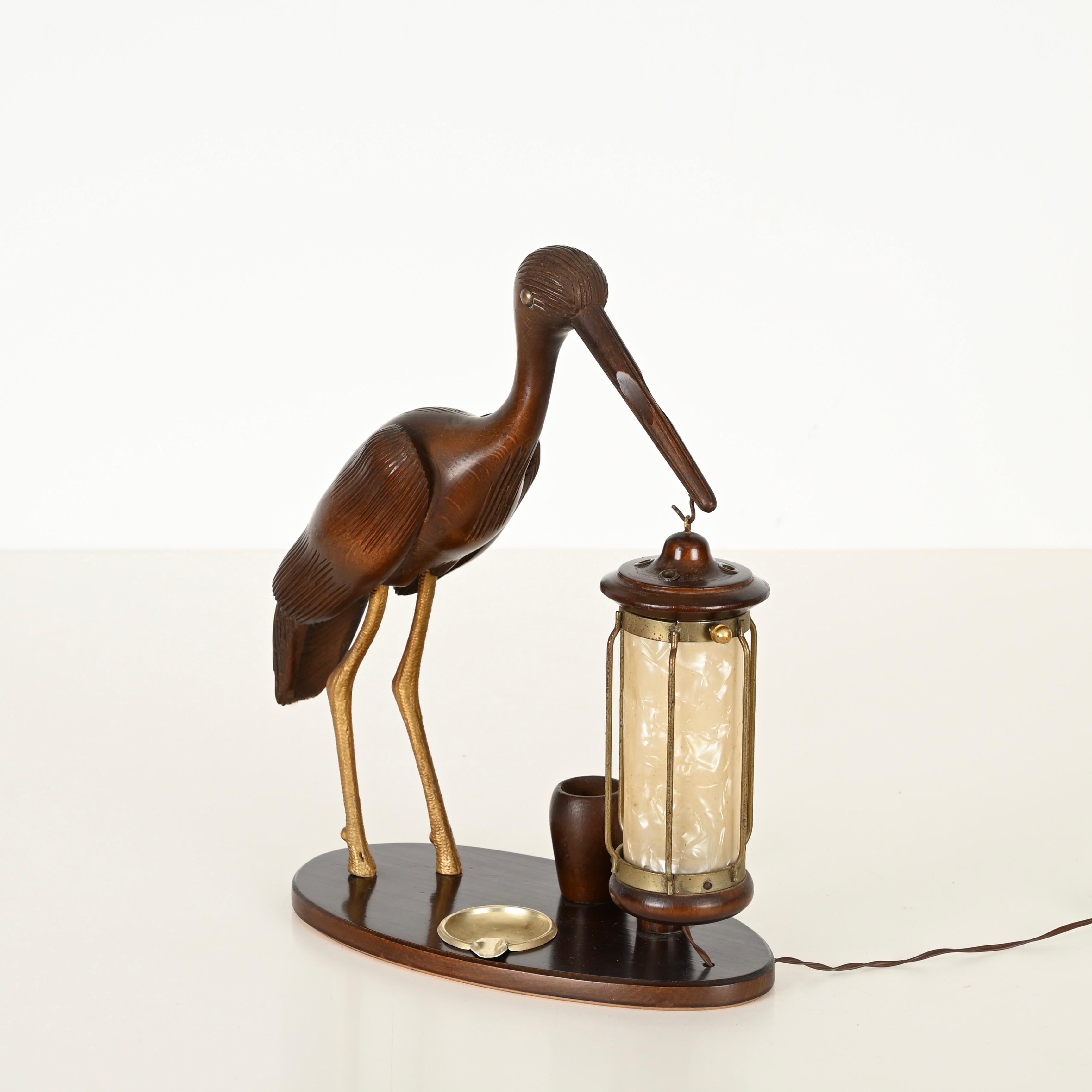 Aldo Tura Reiherlampe aus geschnitztem Holz, vergoldete Bronze, Perlmutt, Italien 1950er Jahre im Angebot 7