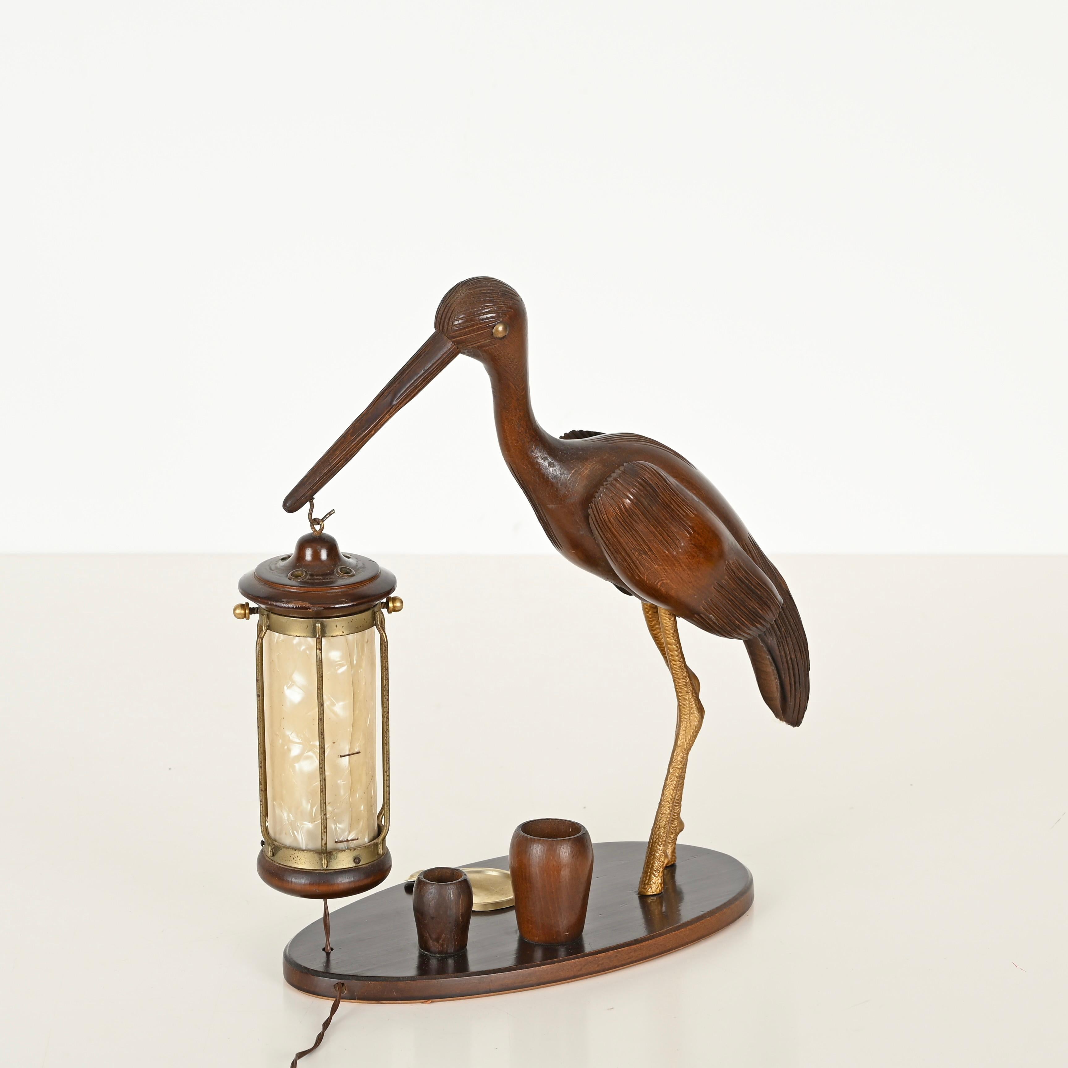 Aldo Tura Reiherlampe aus geschnitztem Holz, vergoldete Bronze, Perlmutt, Italien 1950er Jahre im Angebot 8