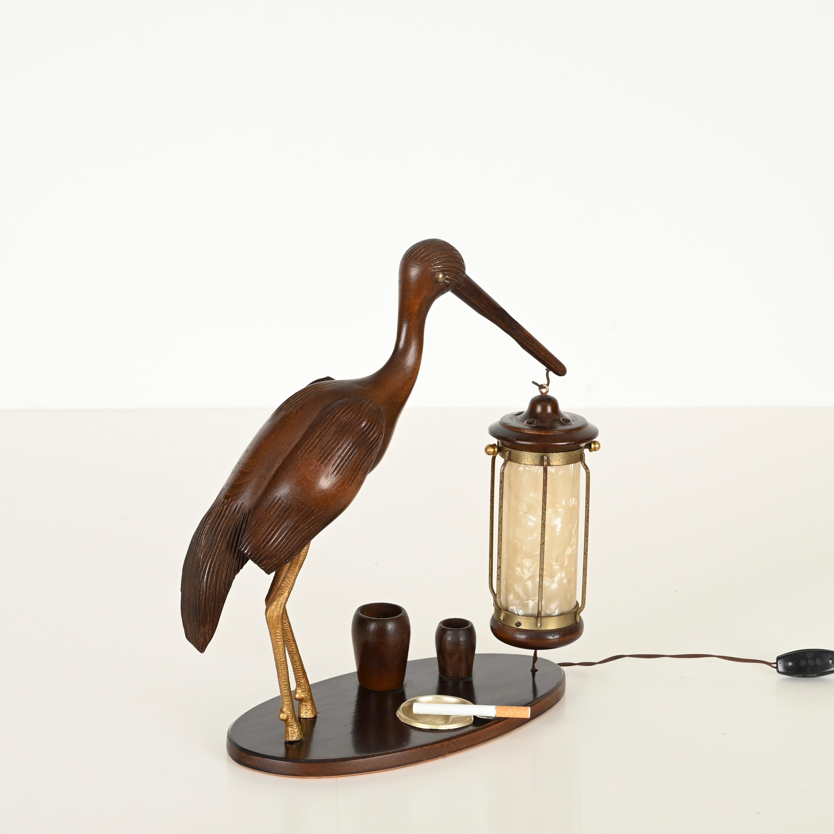 Aldo Tura Reiherlampe aus geschnitztem Holz, vergoldete Bronze, Perlmutt, Italien 1950er Jahre im Angebot 9