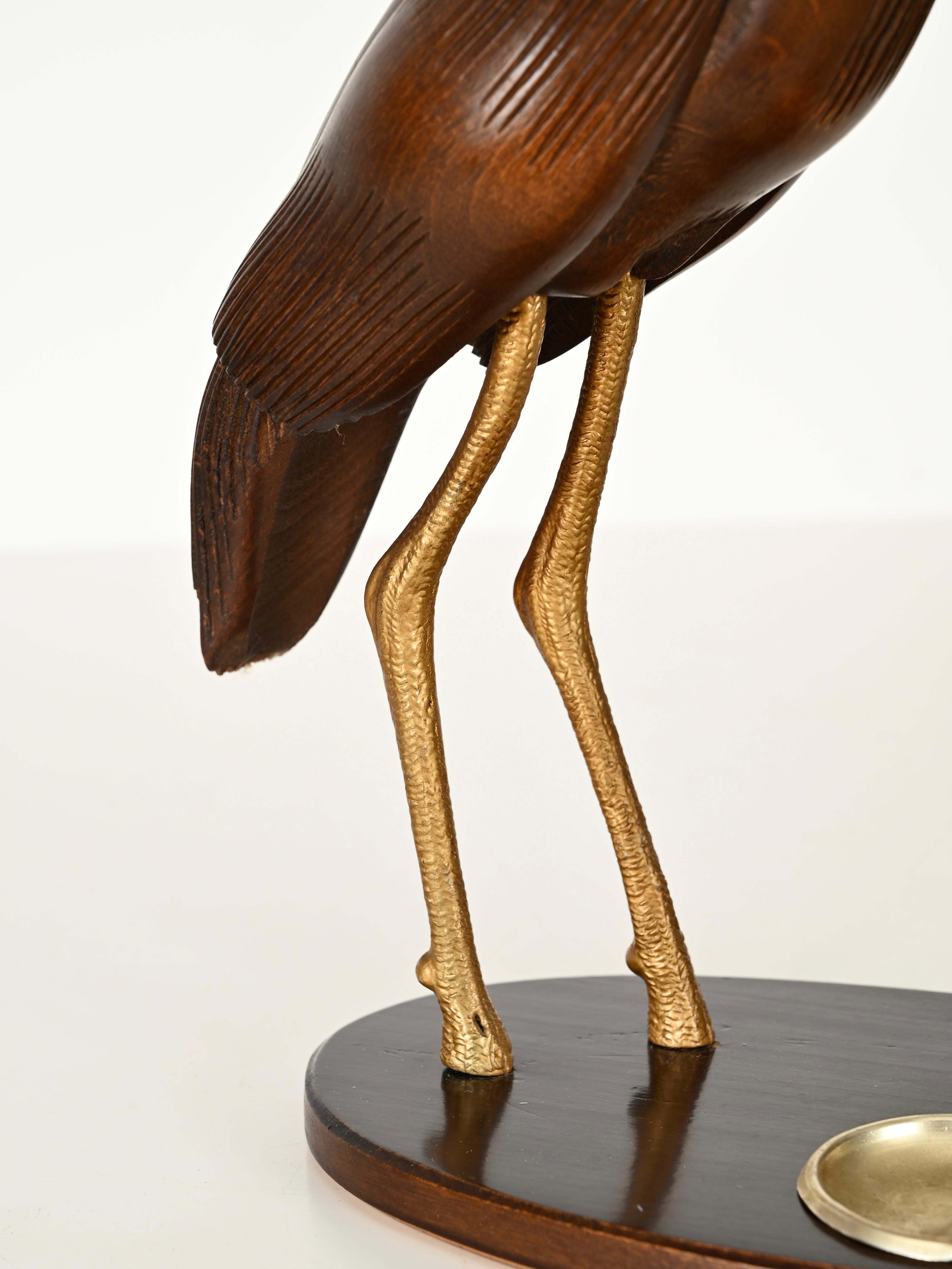 Aldo Tura Reiherlampe aus geschnitztem Holz, vergoldete Bronze, Perlmutt, Italien 1950er Jahre (Moderne der Mitte des Jahrhunderts) im Angebot