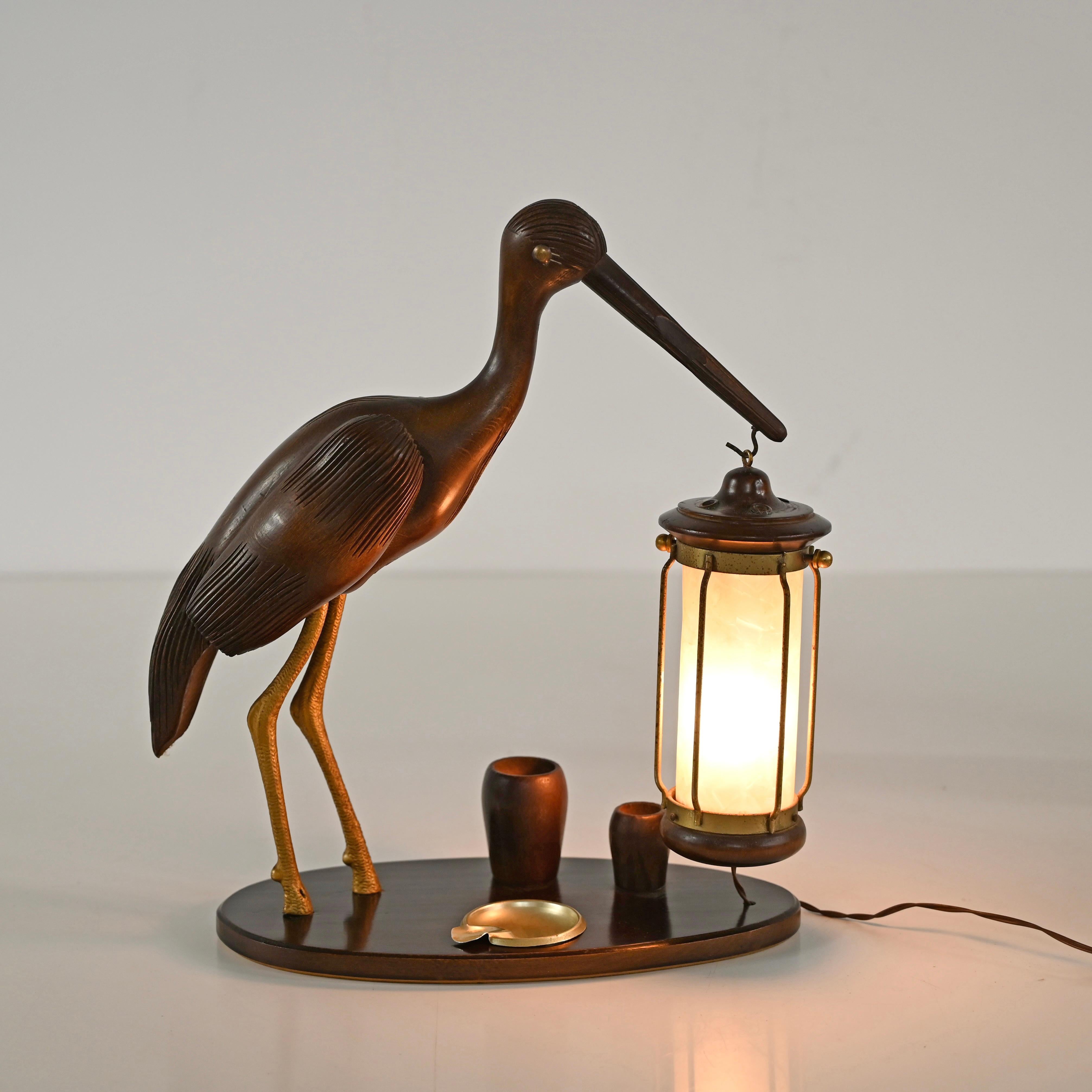 Aldo Tura Reiherlampe aus geschnitztem Holz, vergoldete Bronze, Perlmutt, Italien 1950er Jahre (Handgefertigt) im Angebot