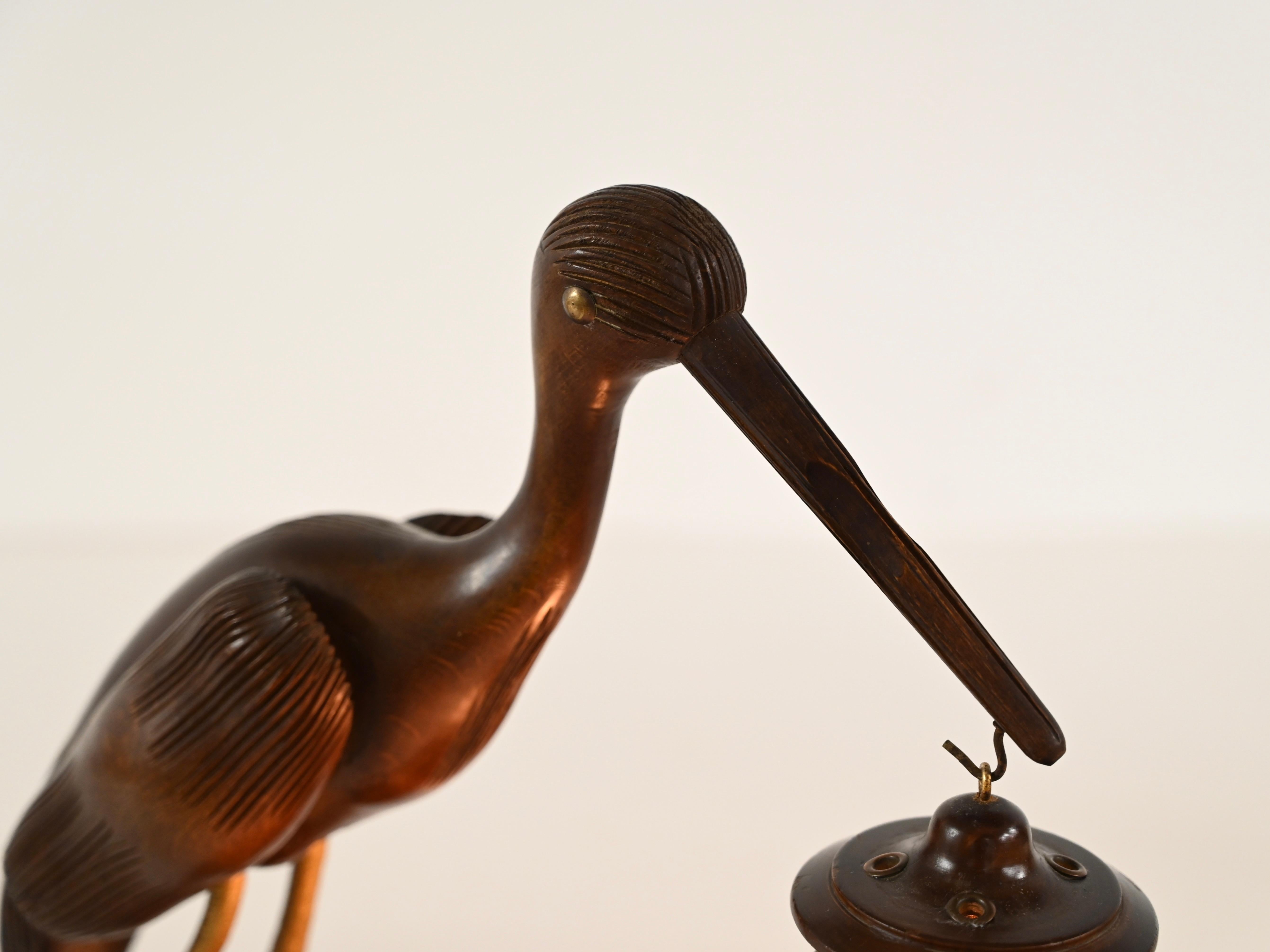 Aldo Tura Reiherlampe aus geschnitztem Holz, vergoldete Bronze, Perlmutt, Italien 1950er Jahre (Mitte des 20. Jahrhunderts) im Angebot