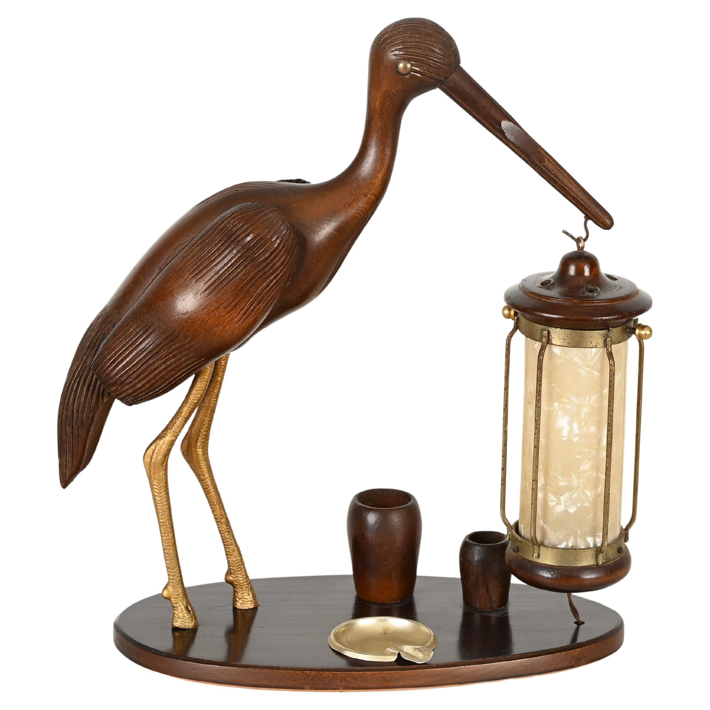 Aldo Tura Heron Lamp in Carved Wood, Gilt Bronze, Mother-of-Pearl, Italy 1950s