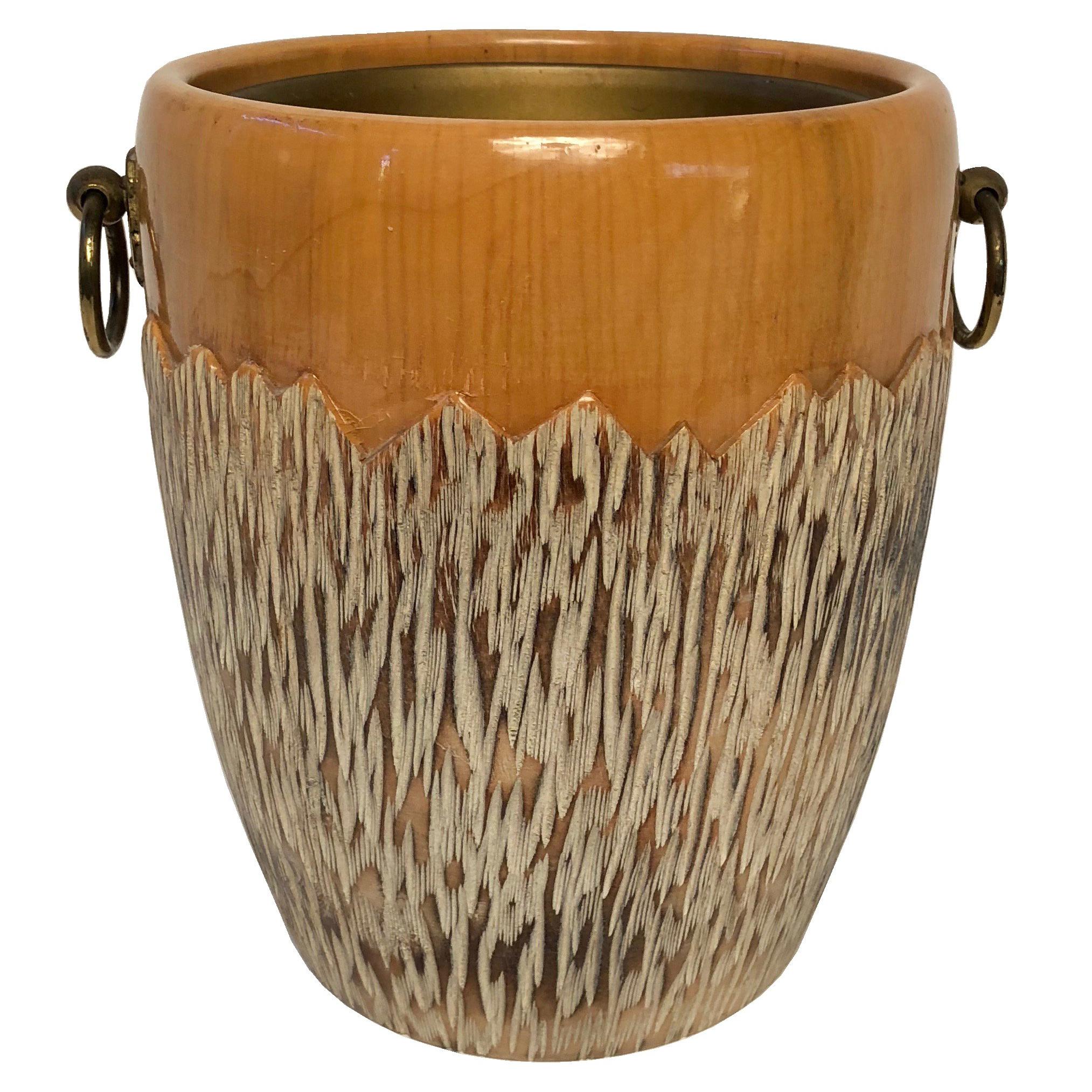 Aldo Tura Ice Bucket for Macabo Italia in Carved Wood and Brass, circa 1950