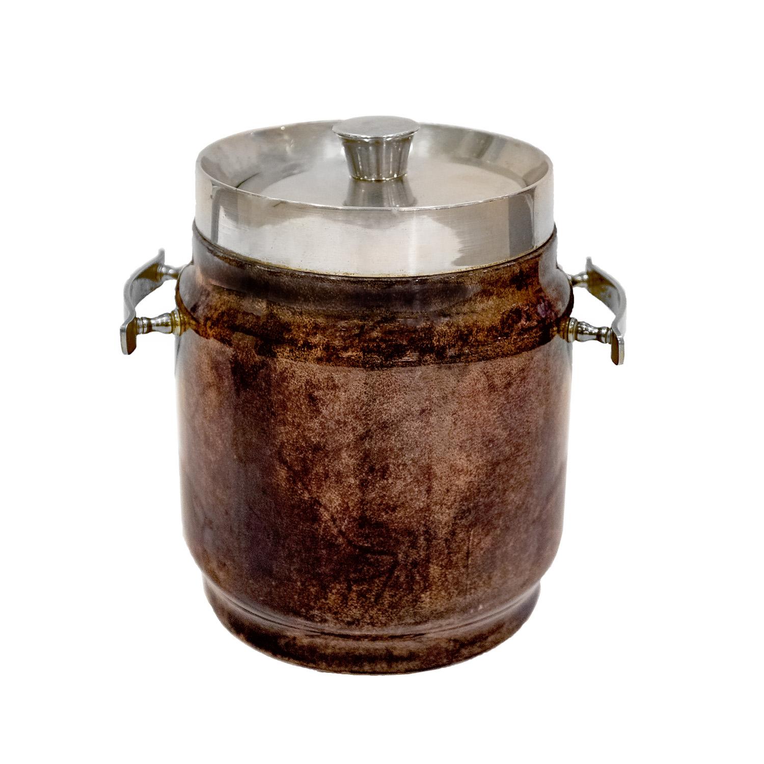 Ice bucket in chrome and chocolate brown lacquered goatskin by Aldo Tura, Italian 1970s. The lacquered goatskin makes this piece very luxurious.