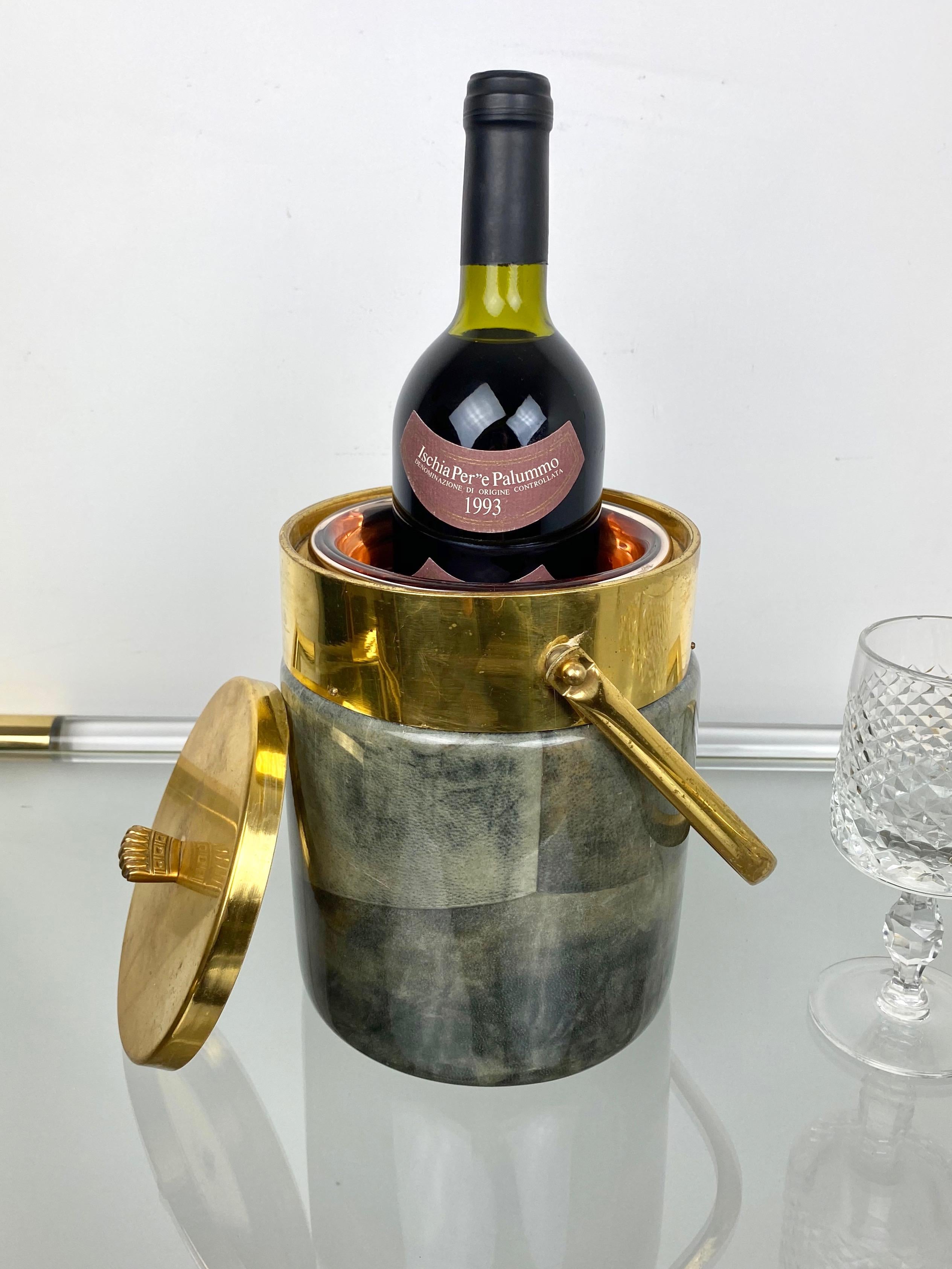Aldo Tura Ice Bucket in Lacquered Grey Goatskin and Brass, Italy, 1950s 4