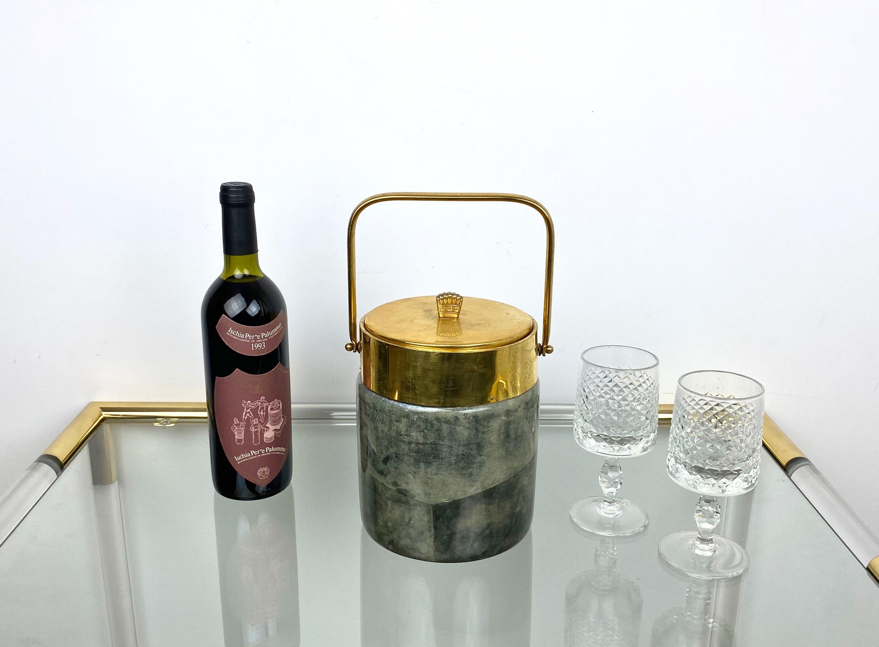 Metal Aldo Tura Ice Bucket in Lacquered Grey Goatskin and Brass, Italy, 1950s