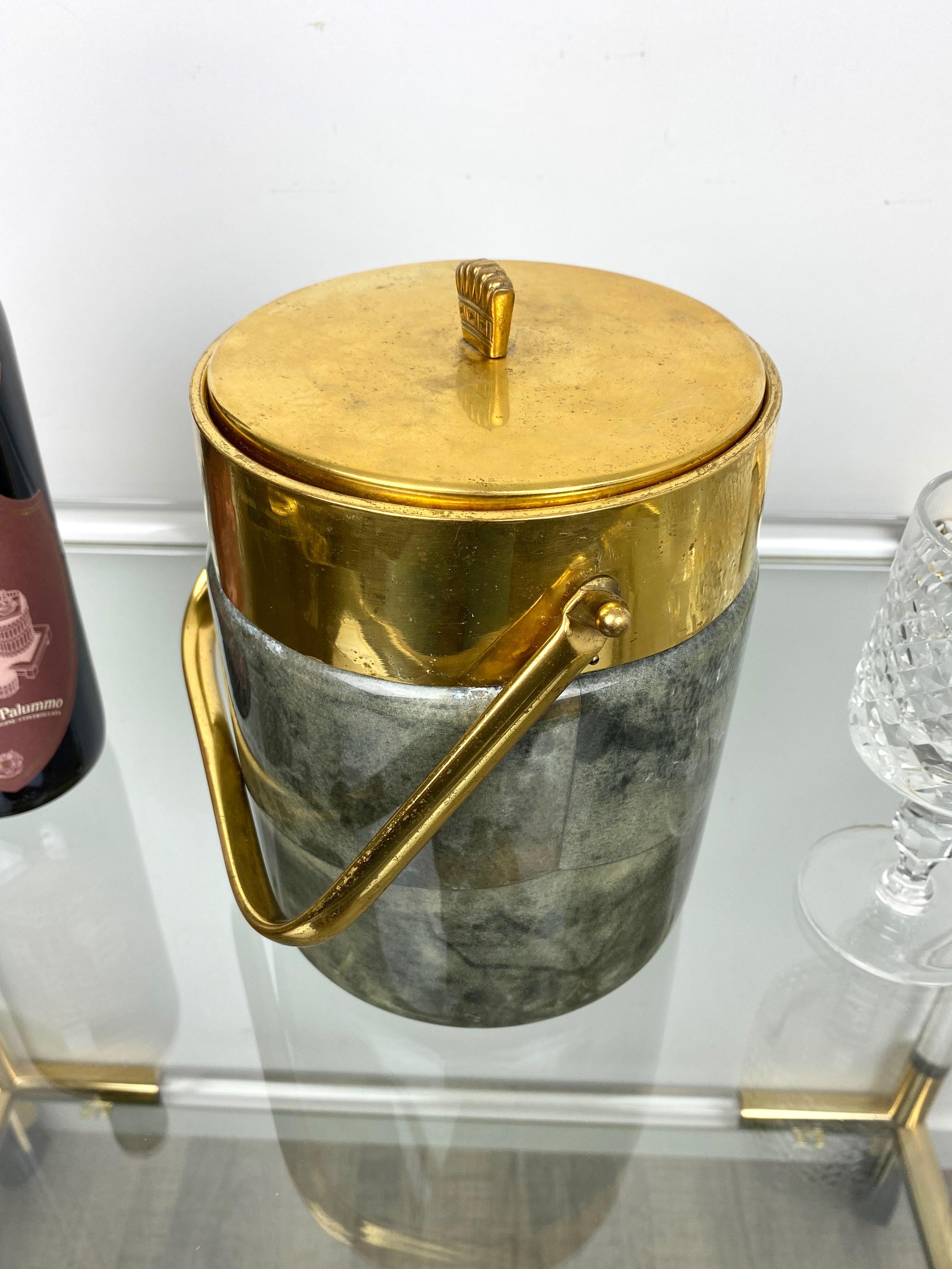 Aldo Tura Ice Bucket in Lacquered Grey Goatskin and Brass, Italy, 1950s 2