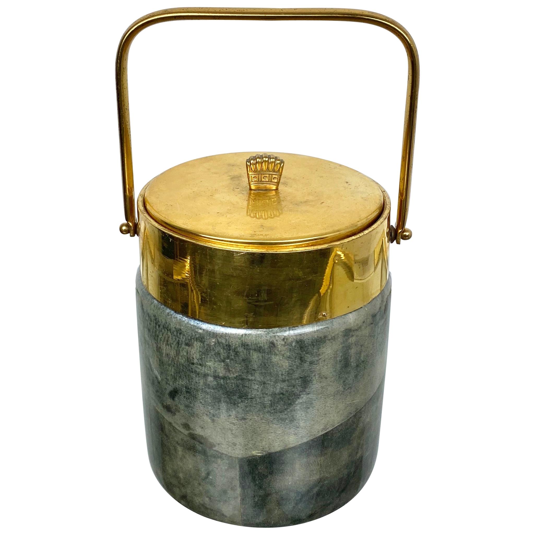 Aldo Tura Ice Bucket in Lacquered Grey Goatskin and Brass, Italy, 1950s