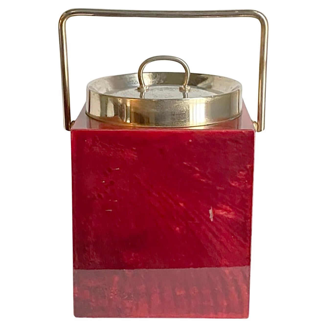 Aldo Tura Ice Bucket -- Red Goatskin 
Brass Square -- Mid Century Italian