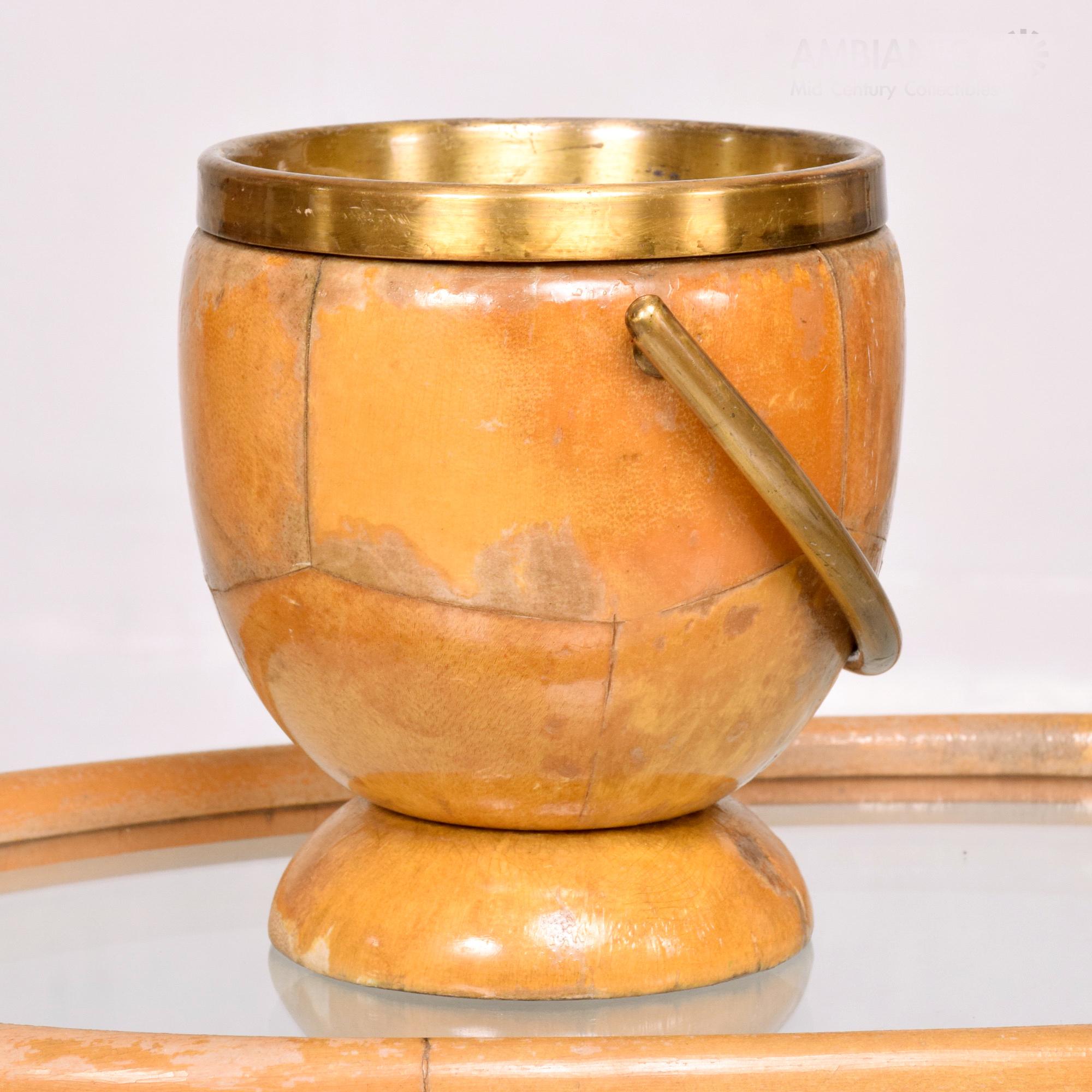 Aldo Tura Barware Set Ice Bucket and Serving Tray Goatskin and Brass 1950s Italy In Good Condition In Chula Vista, CA