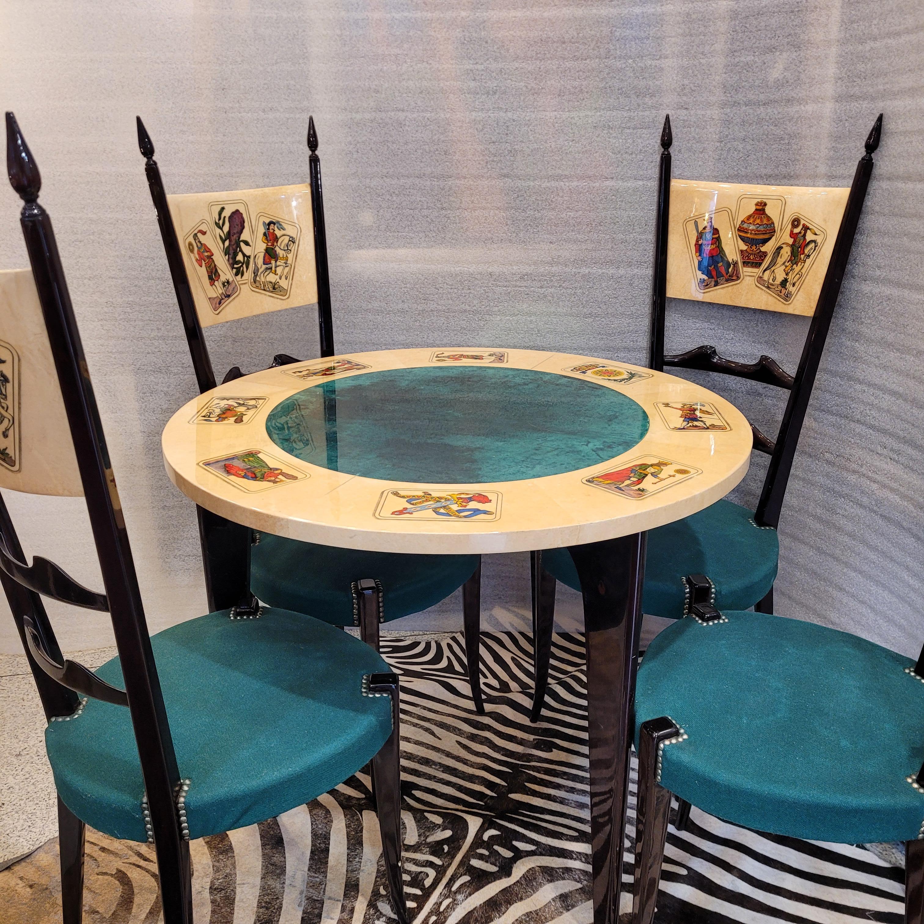Mid-20th Century Aldo Tura Italian goatskin gaming Table set, card screen printing