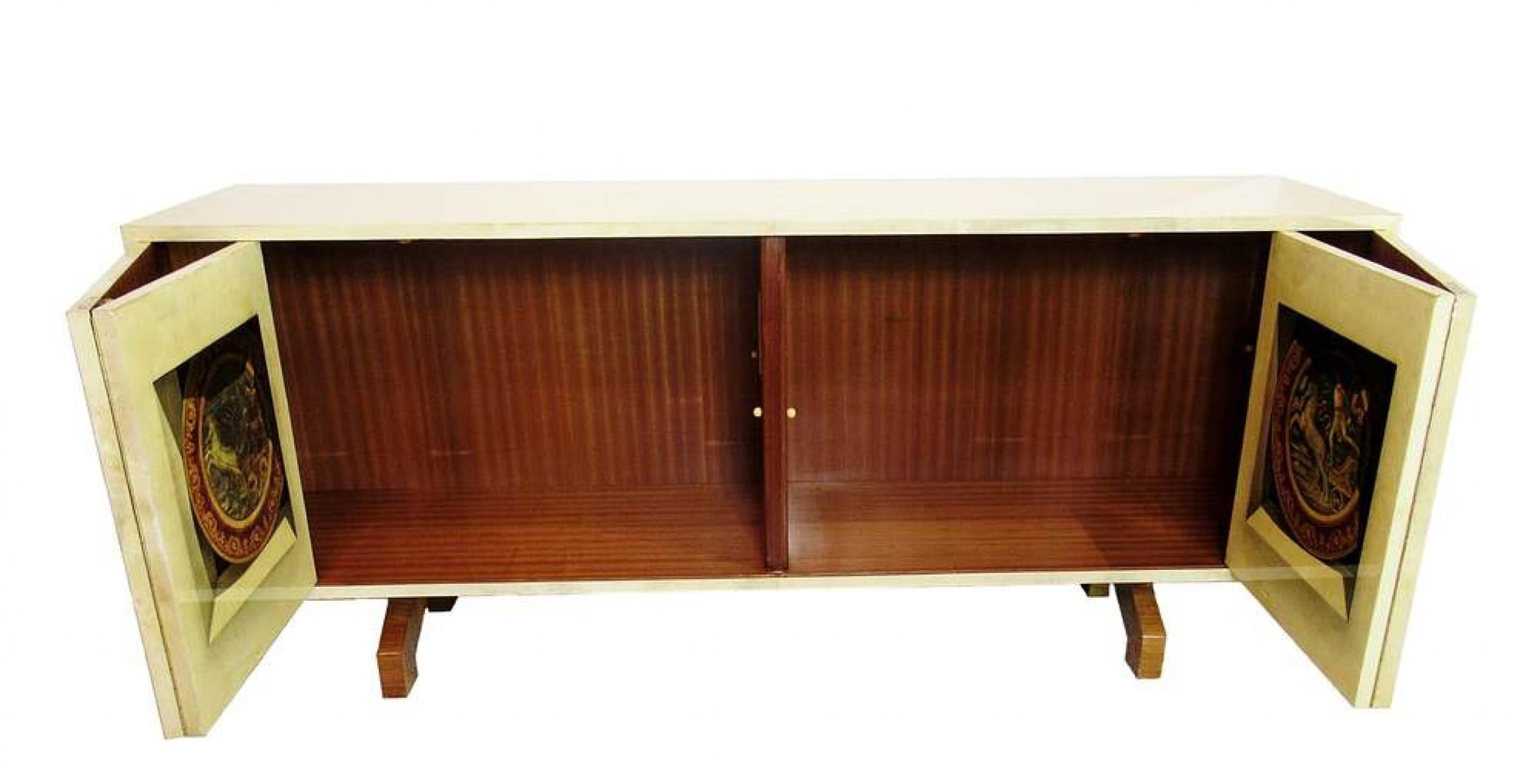 Aldo Tura Italian Modern Parchment, Palisander and Trompe L'oeil Credenza In Good Condition For Sale In New York, NY