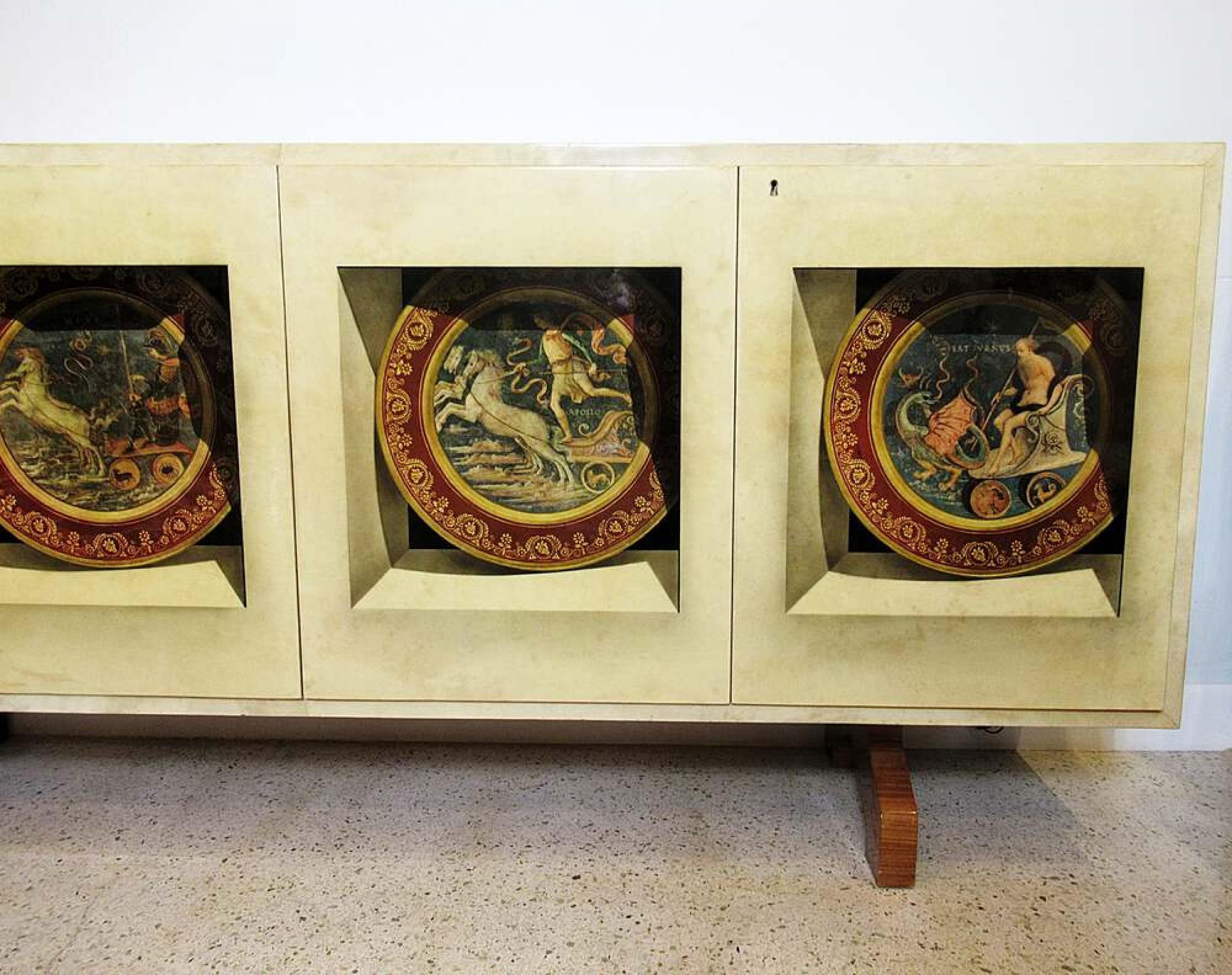 Wood Aldo Tura Italian Modern Parchment, Palisander and Trompe L'oeil Credenza For Sale