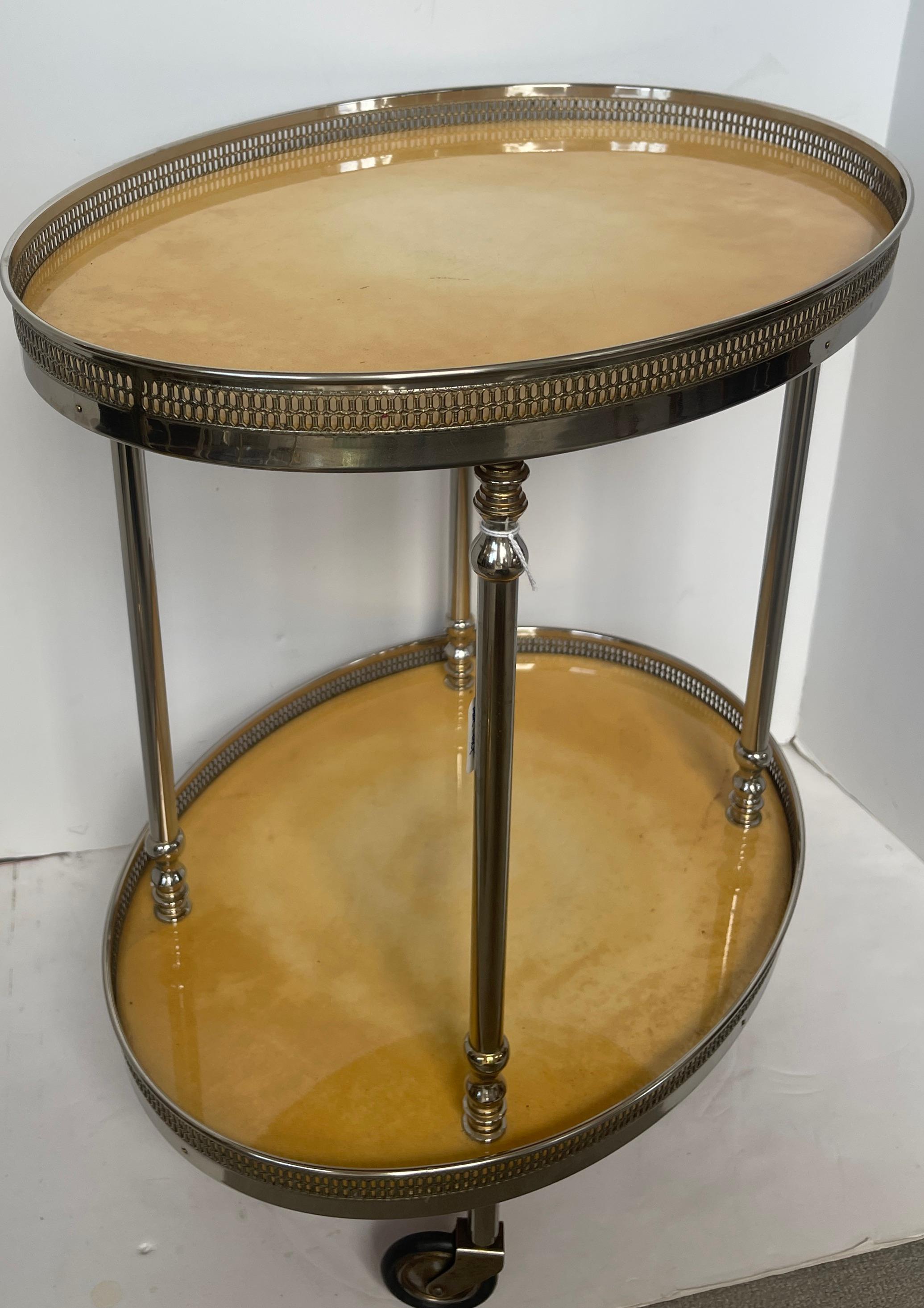 Silver Plate Aldo Tura Italian Two Tier Bar-Cart, Lacquered Goatskin 1960s