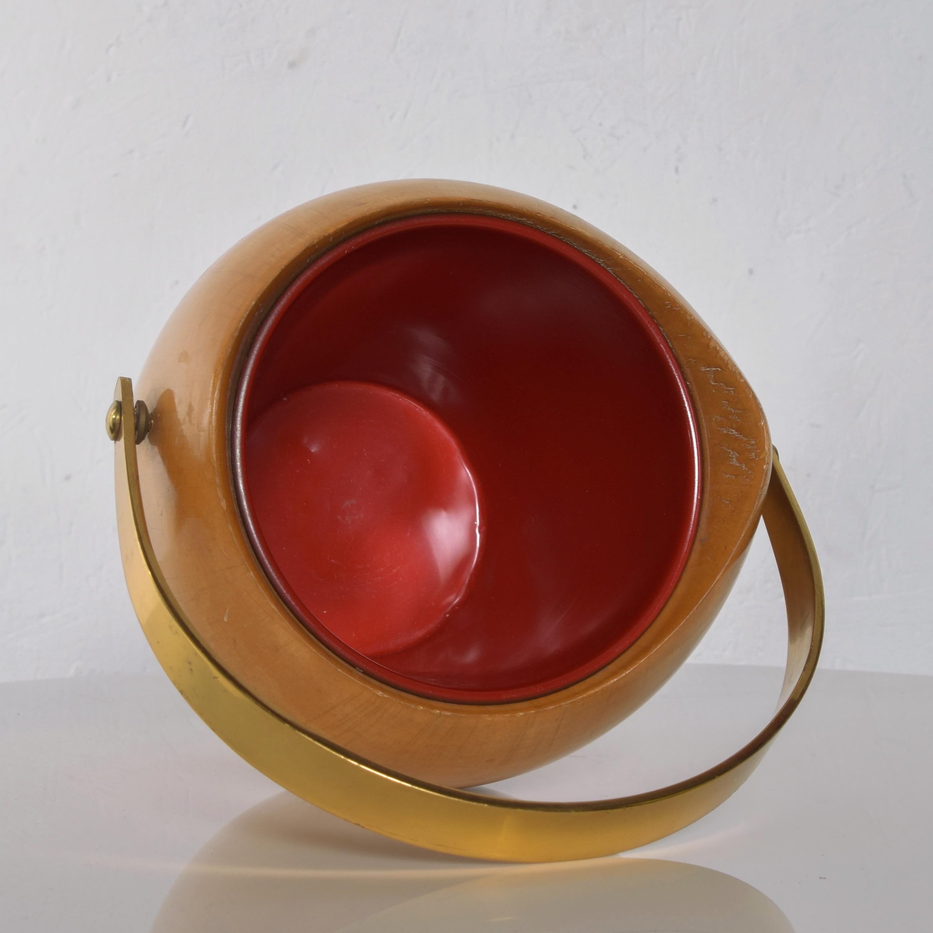 Mid-Century Modern Aldo Tura Italy Macabo Sculptural Ice Bucket Glossy Wood & Polished Brass + Red