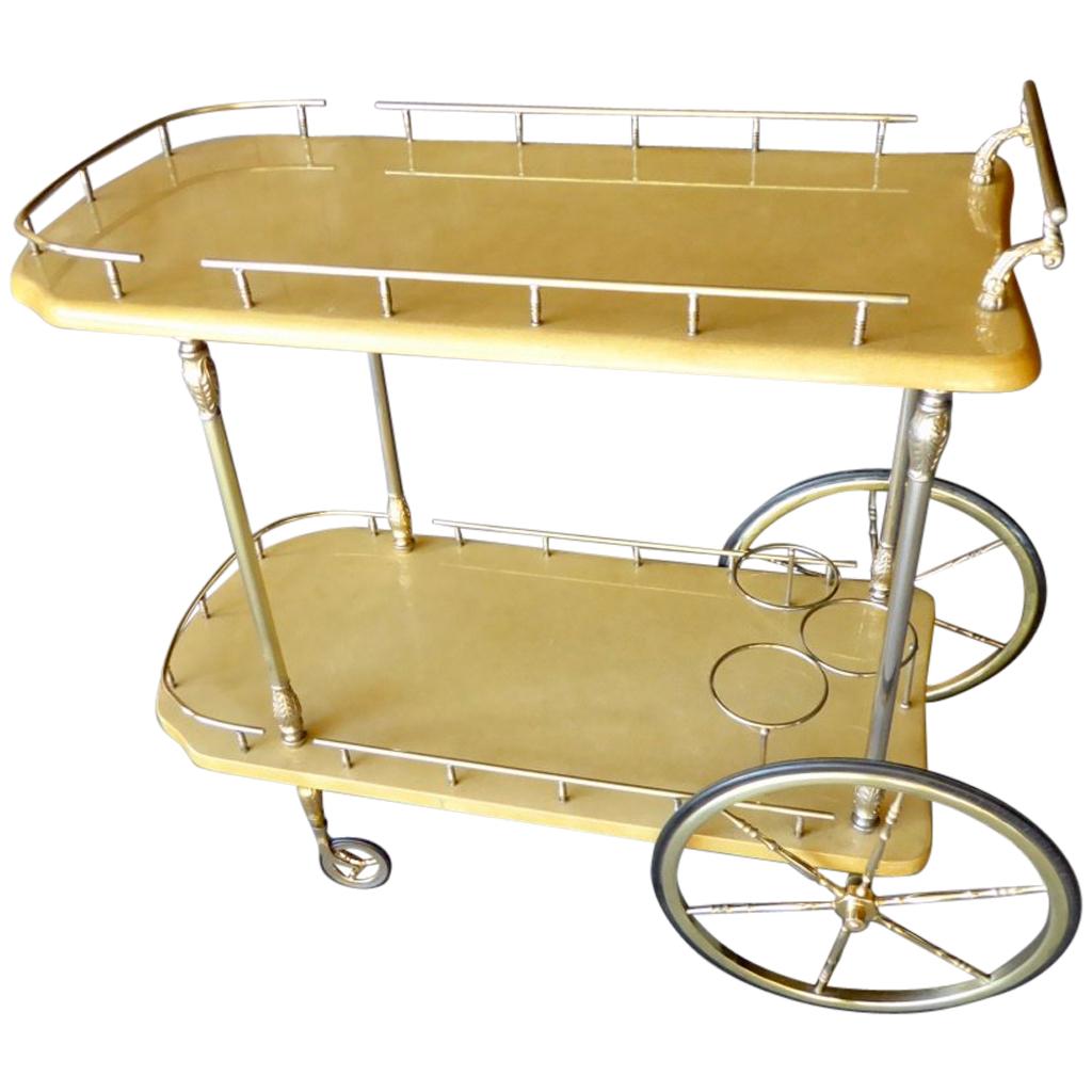 Aldo Tura Lacquered Cream Colored Goatskin Bar or Serving Cart C., 1950s