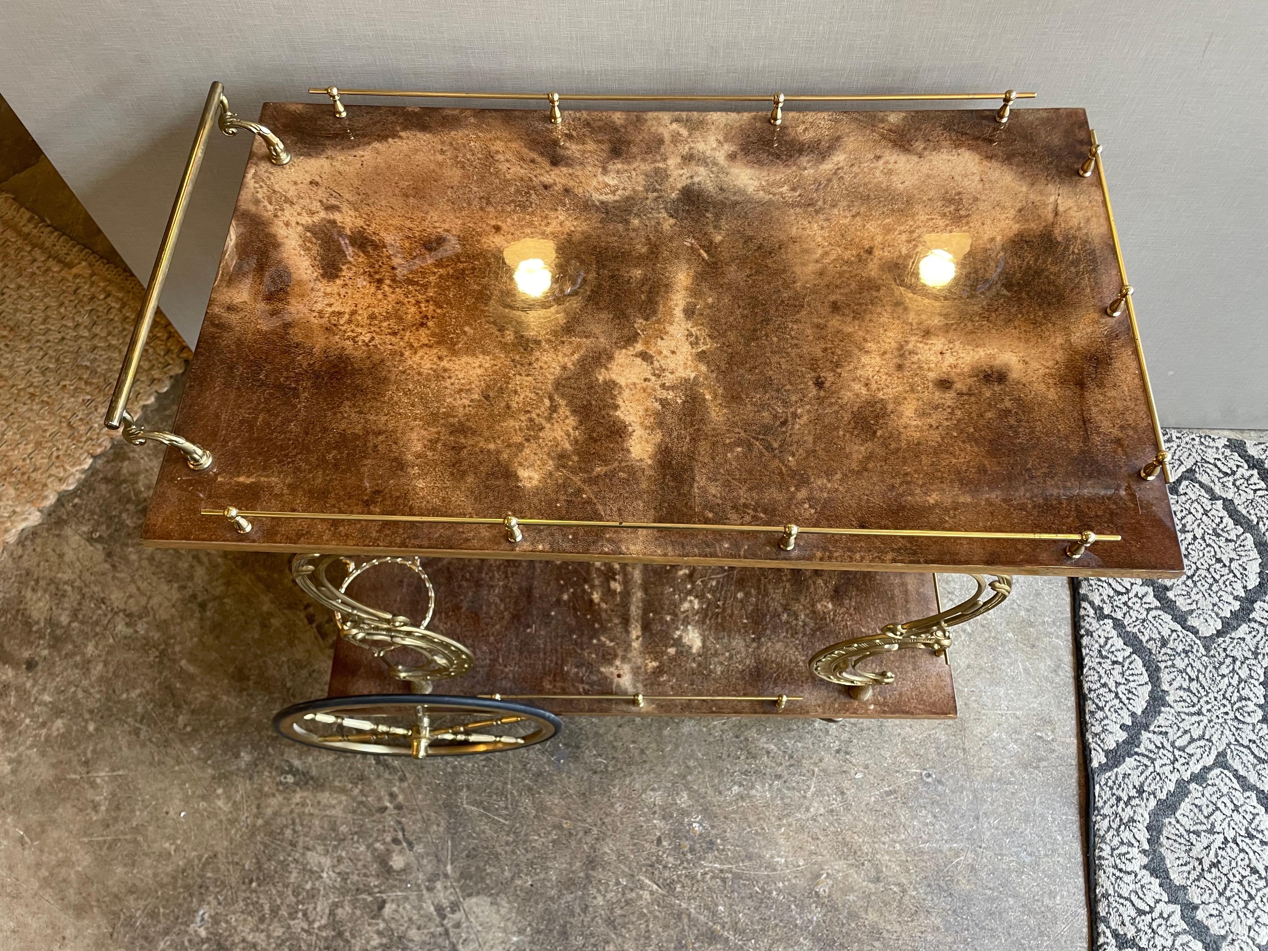 Italian Aldo Tura lacquered goat skin and brass bar cart