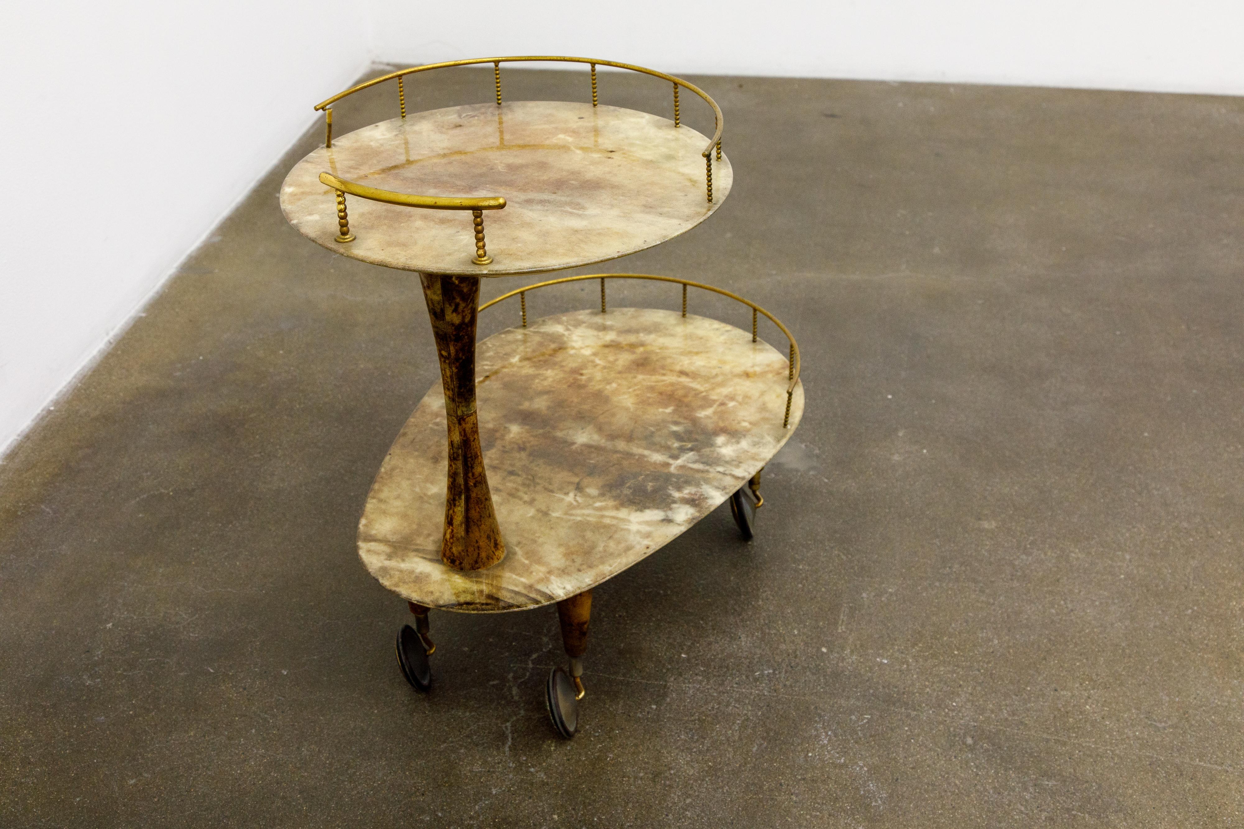 Mid-Century Modern Aldo Tura Lacquered Goatskin and Brass Italian Bar Cart, 1950s