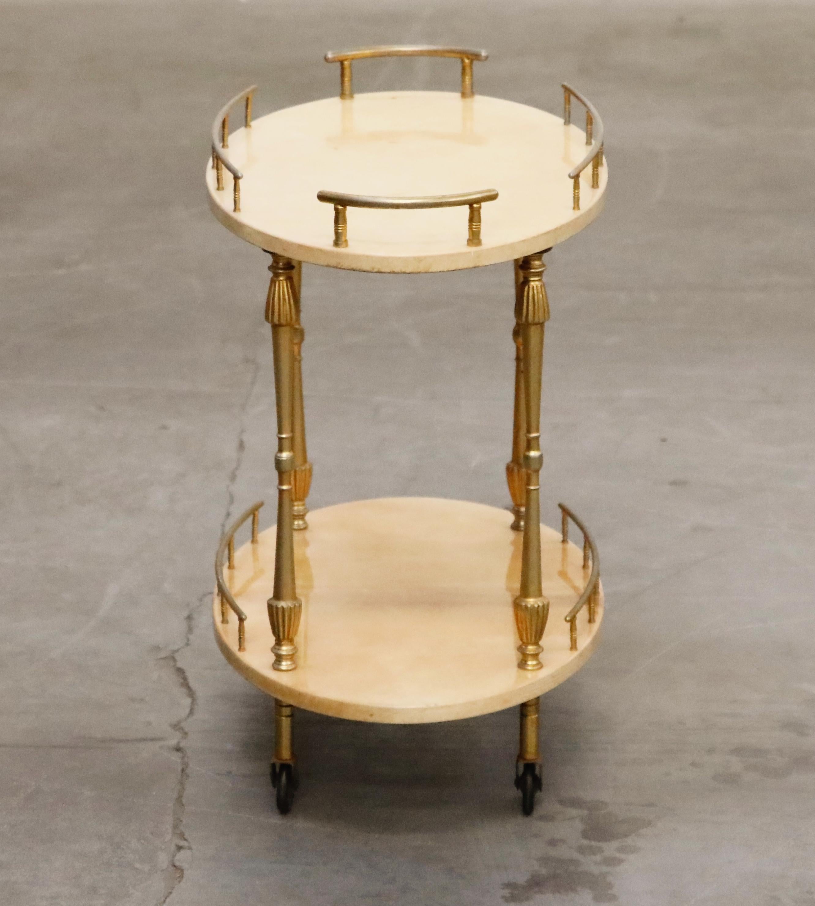 Mid-20th Century Aldo Tura Lacquered Goatskin and Brass Italian Bar Cart, 1950s Italy, Signed