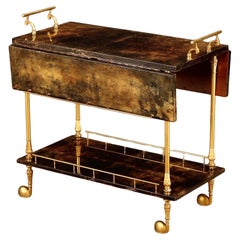 Carrito de bar italiano de dos hojas de piel de cabra lacada y latón, Aldo Tura, años 50