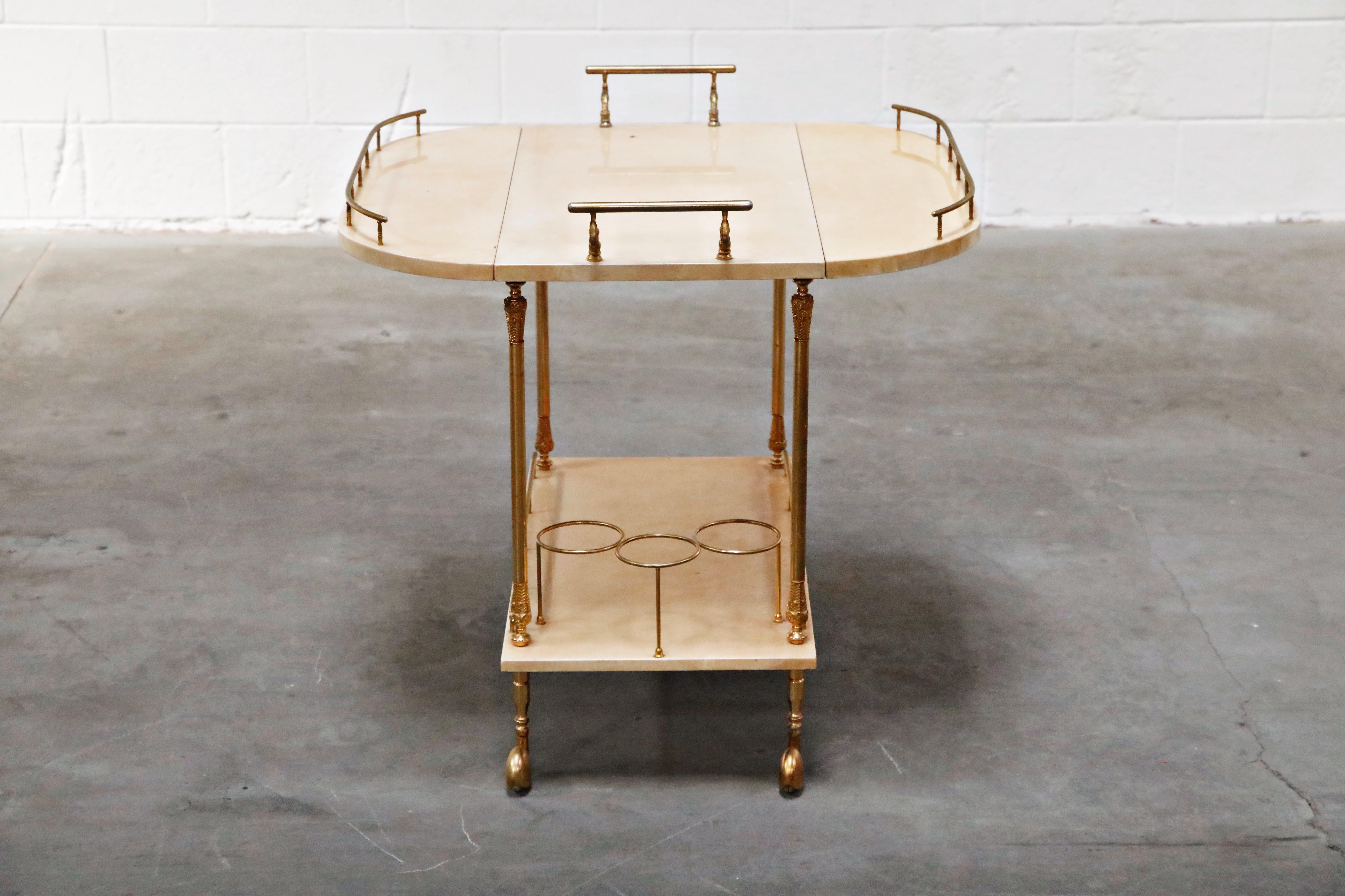Aldo Tura Lacquered Goatskin and Brass Italian Double Drop-Leaf Bar Cart, Signed 5