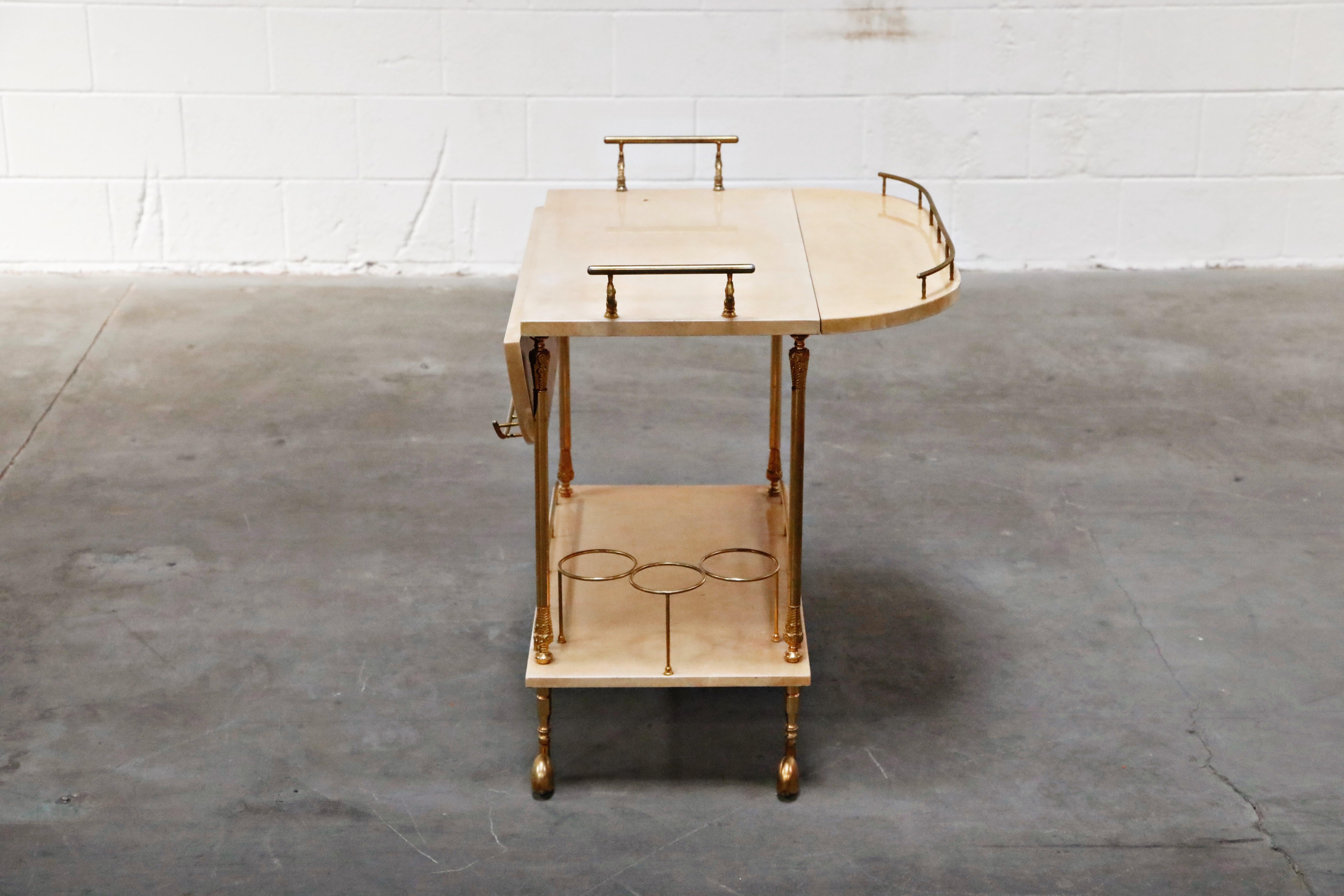 Aldo Tura Lacquered Goatskin and Brass Italian Double Drop-Leaf Bar Cart, Signed 6