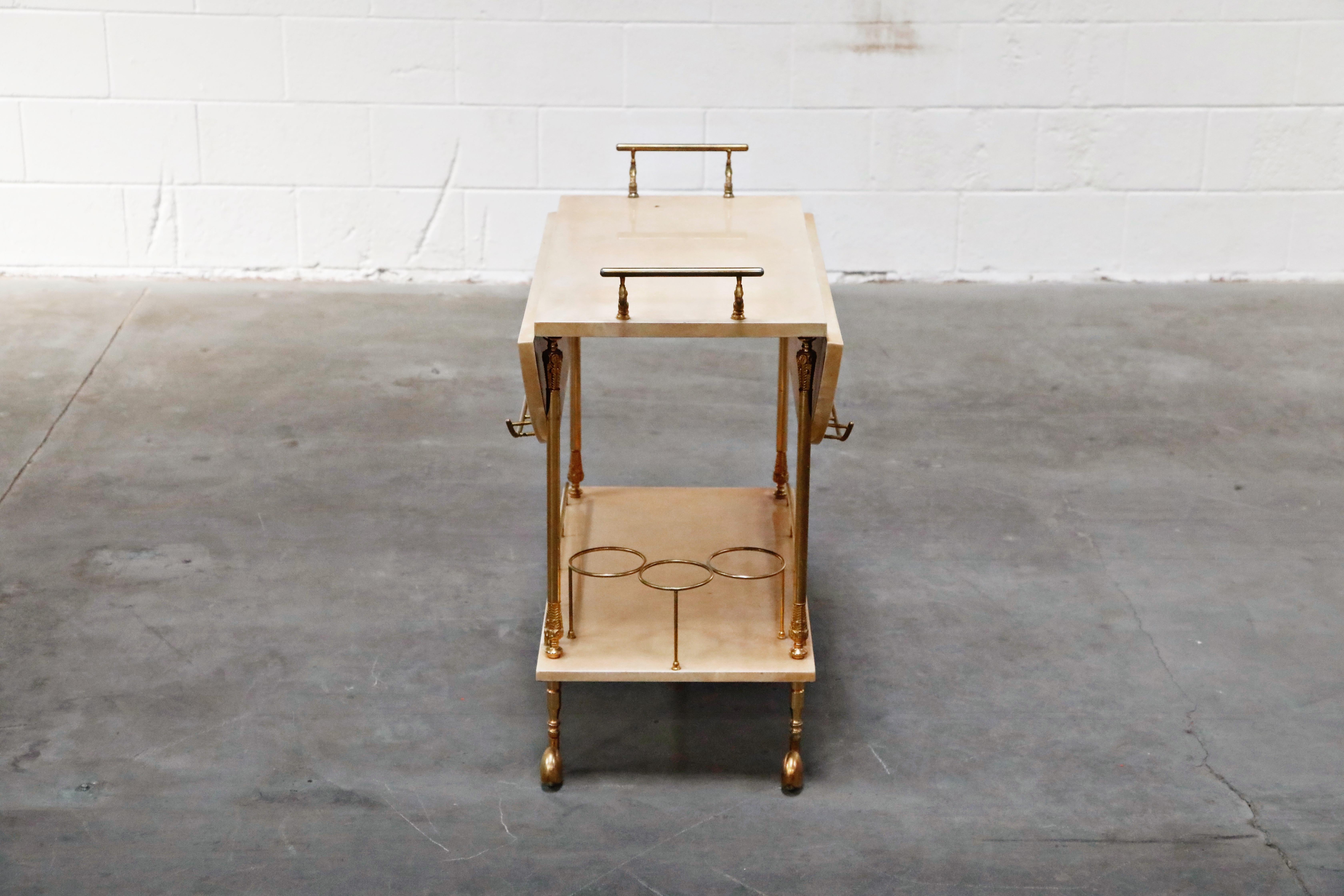 Aldo Tura Lacquered Goatskin and Brass Italian Double Drop-Leaf Bar Cart, Signed 7