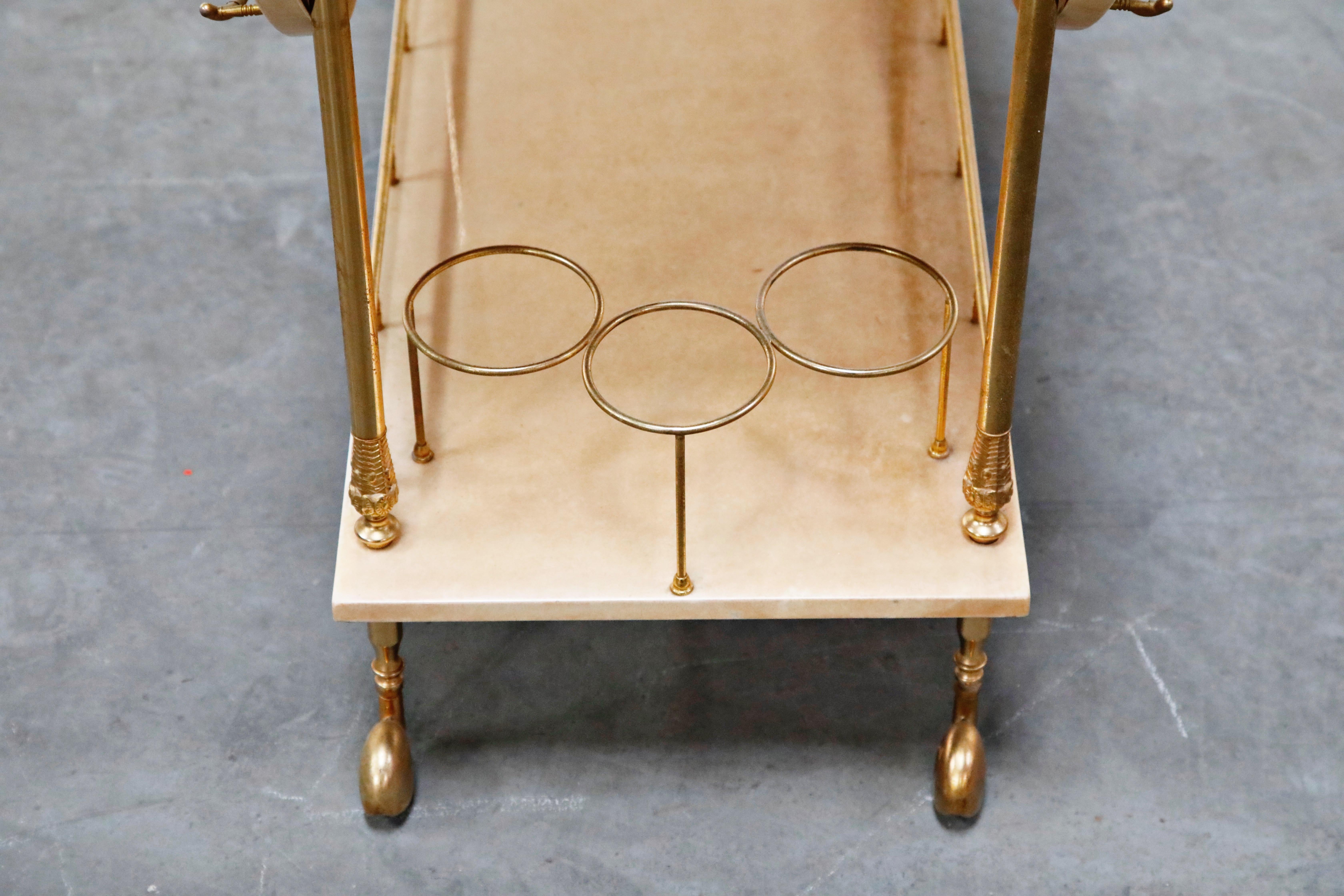 Aldo Tura Lacquered Goatskin and Brass Italian Double Drop-Leaf Bar Cart, Signed 8