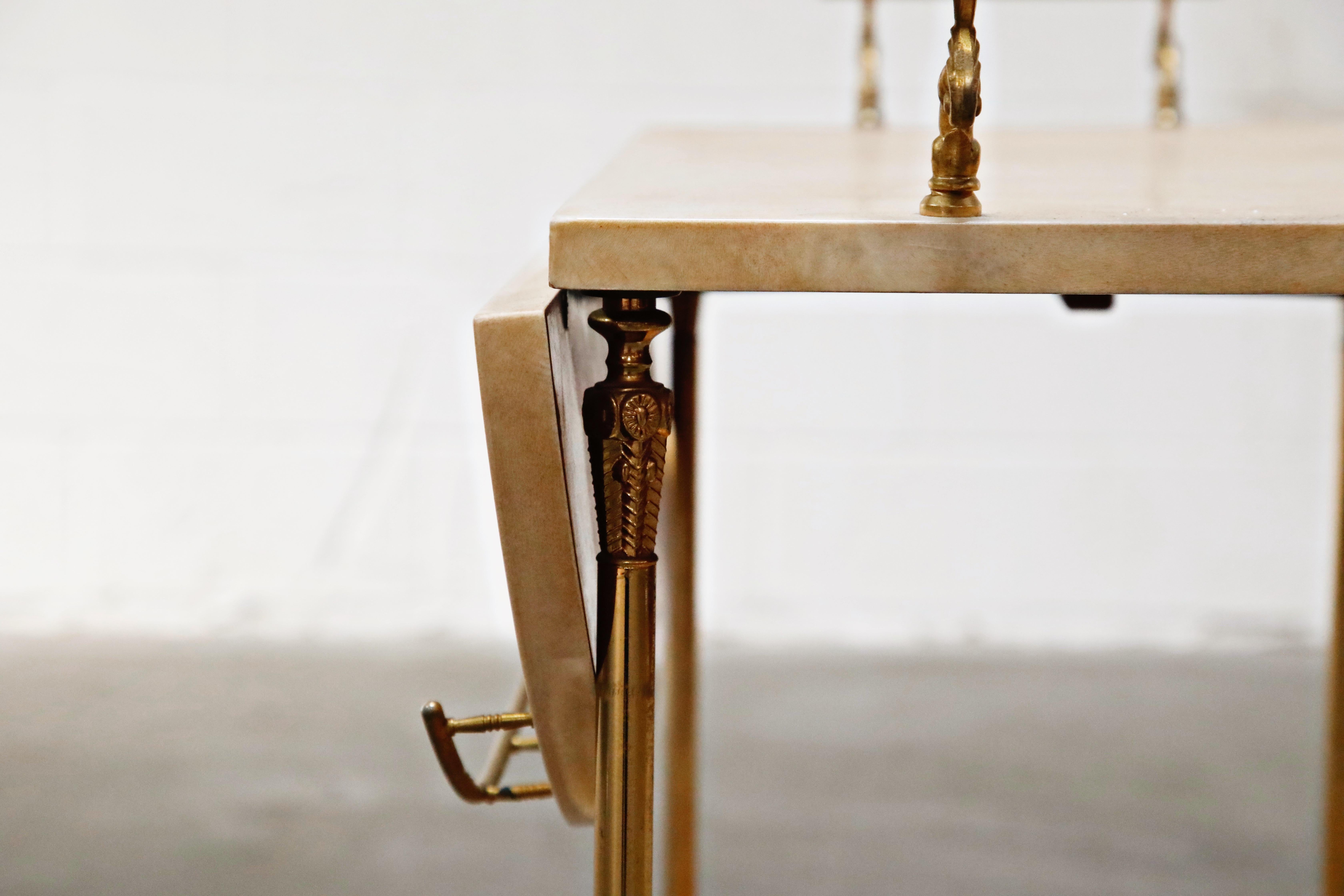 Aldo Tura Lacquered Goatskin and Brass Italian Double Drop-Leaf Bar Cart, Signed 9