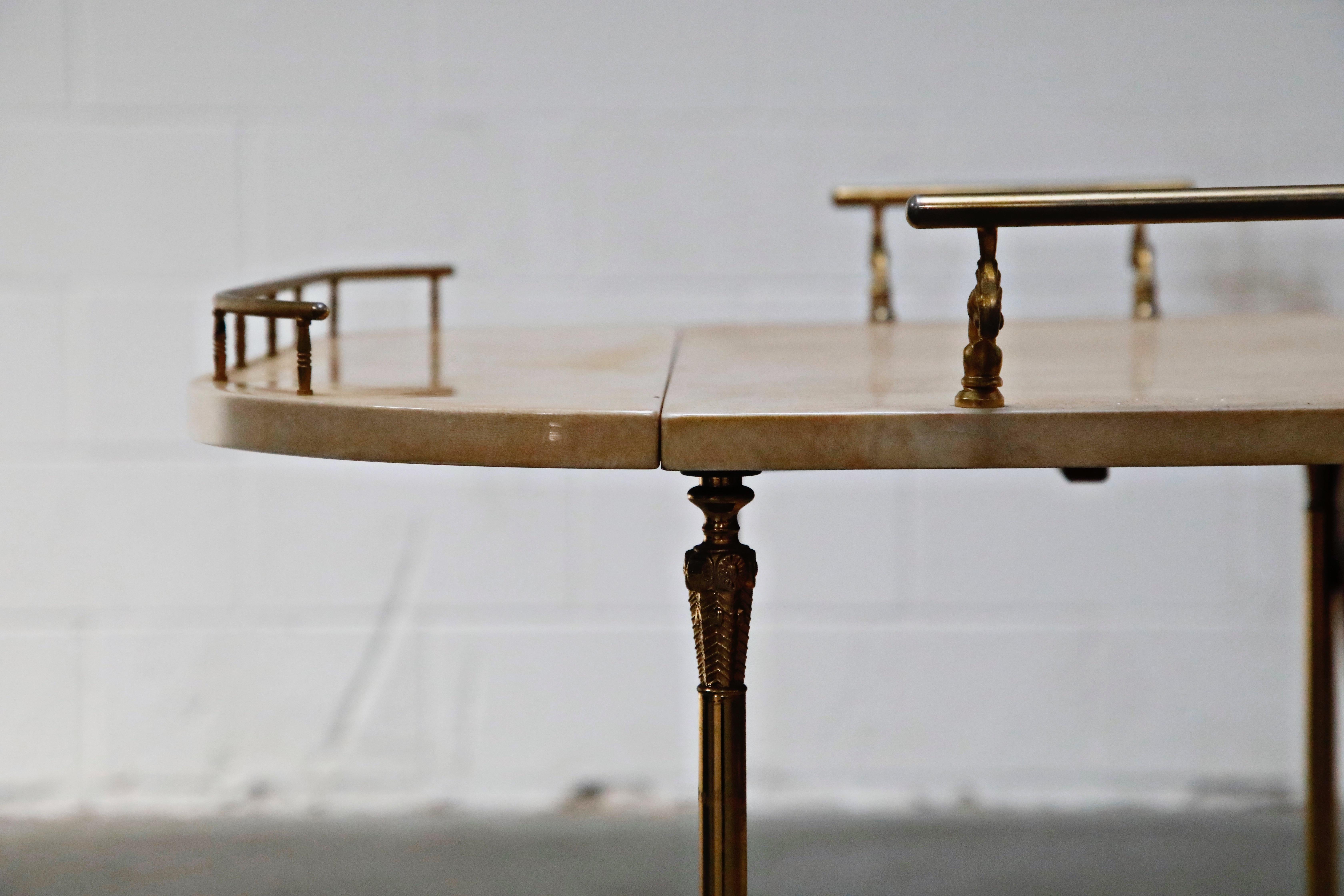 Aldo Tura Lacquered Goatskin and Brass Italian Double Drop-Leaf Bar Cart, Signed 12
