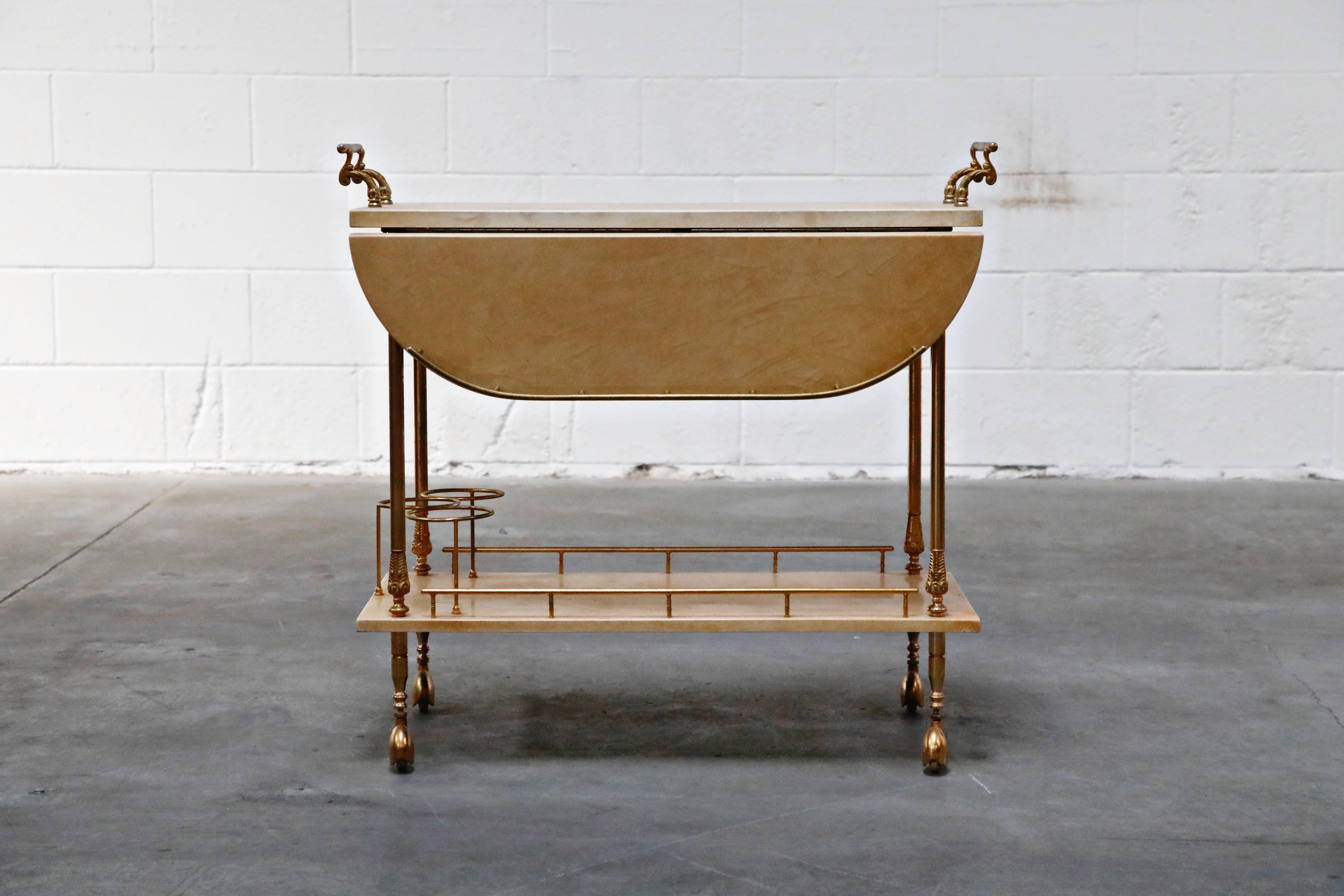 Mid-Century Modern Aldo Tura Lacquered Goatskin and Brass Italian Double Drop-Leaf Bar Cart, Signed