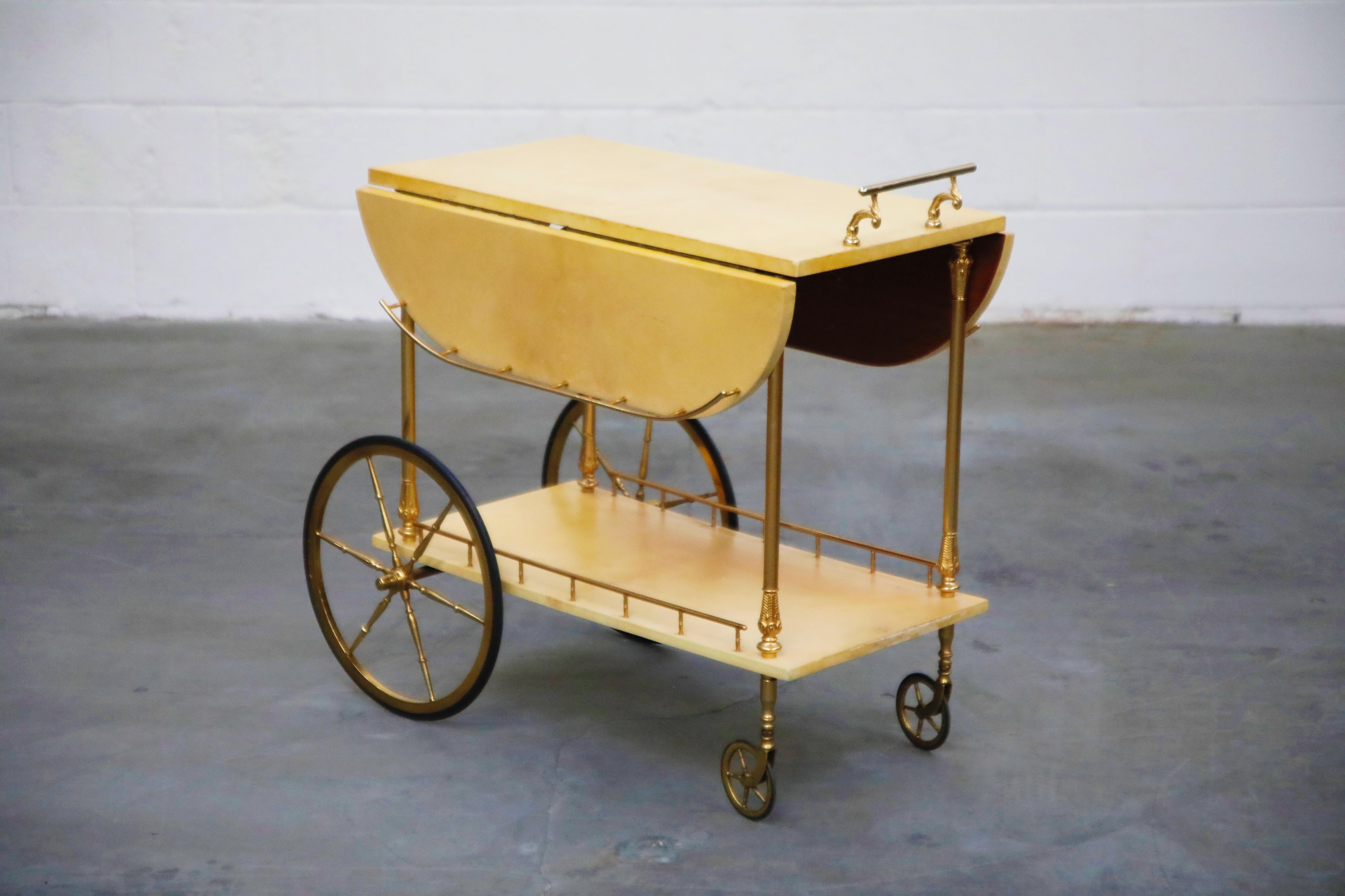 Mid-Century Modern Aldo Tura Lacquered Goatskin and Brass Italian Double Drop-Leaf Bar Cart, Signed