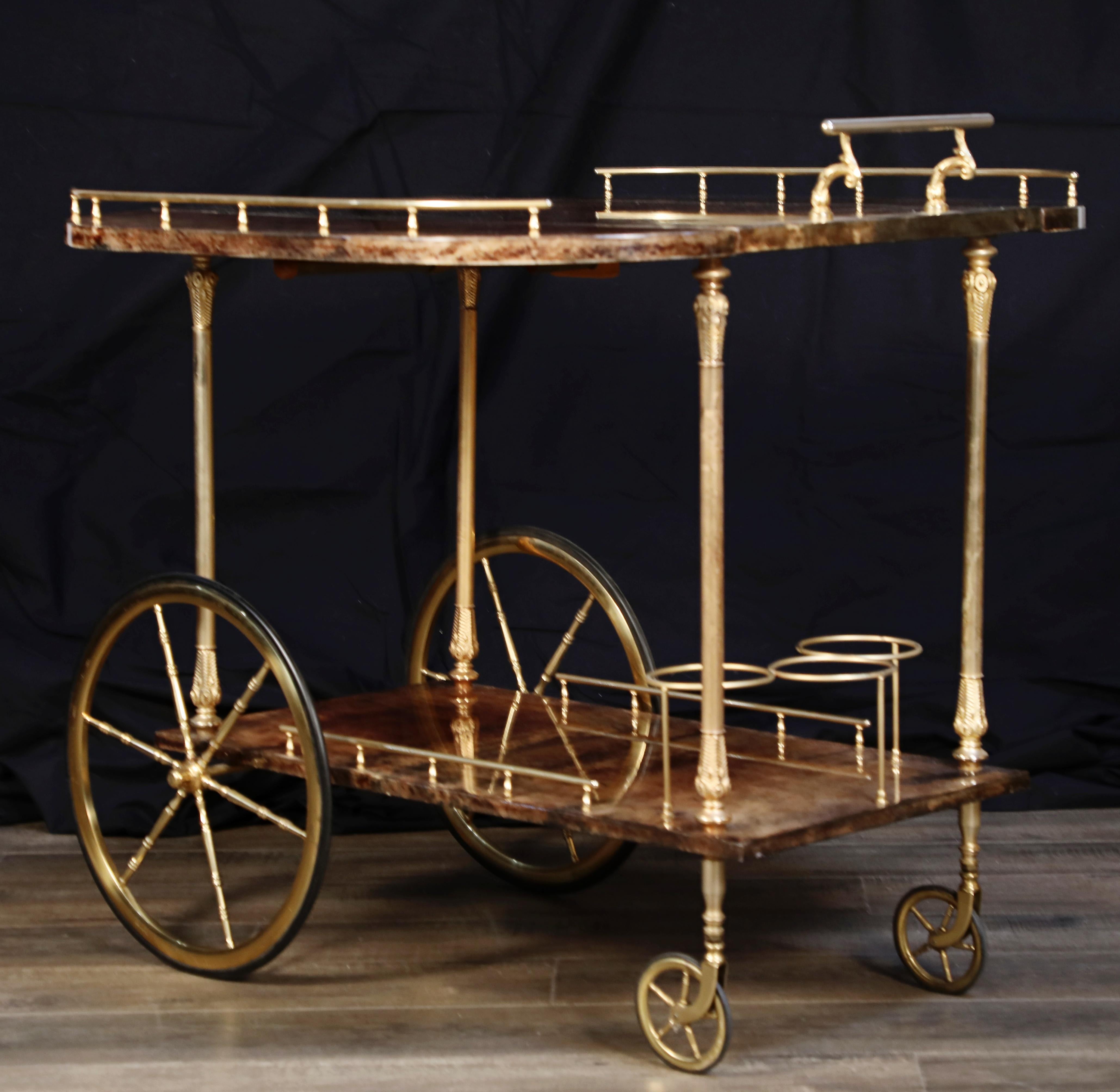 Aldo Tura Lacquered Goatskin and Brass Italian Double Drop-Leaf Bar Cart, Signed In Good Condition In Los Angeles, CA