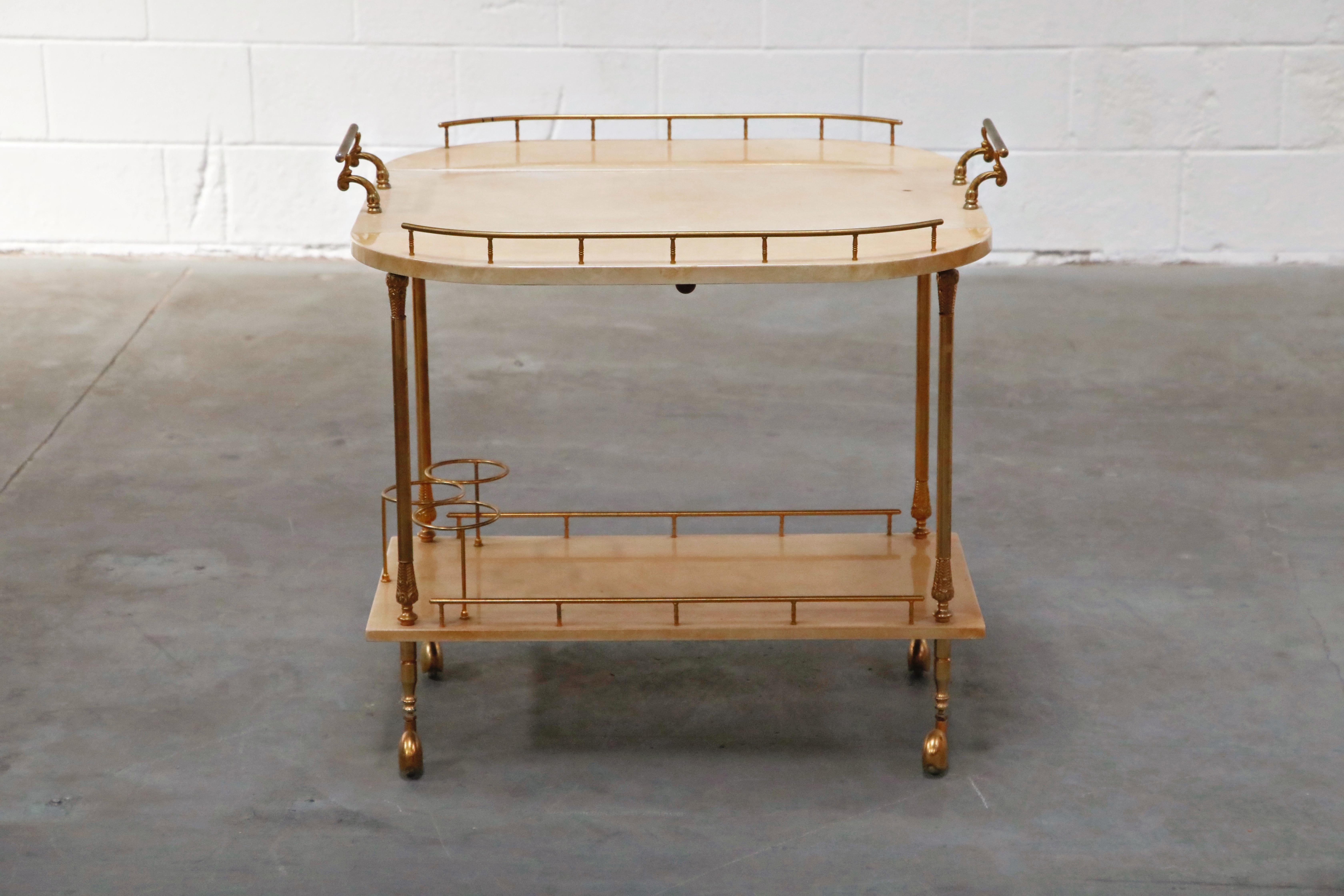 Aldo Tura Lacquered Goatskin and Brass Italian Double Drop-Leaf Bar Cart, Signed In Good Condition In Los Angeles, CA