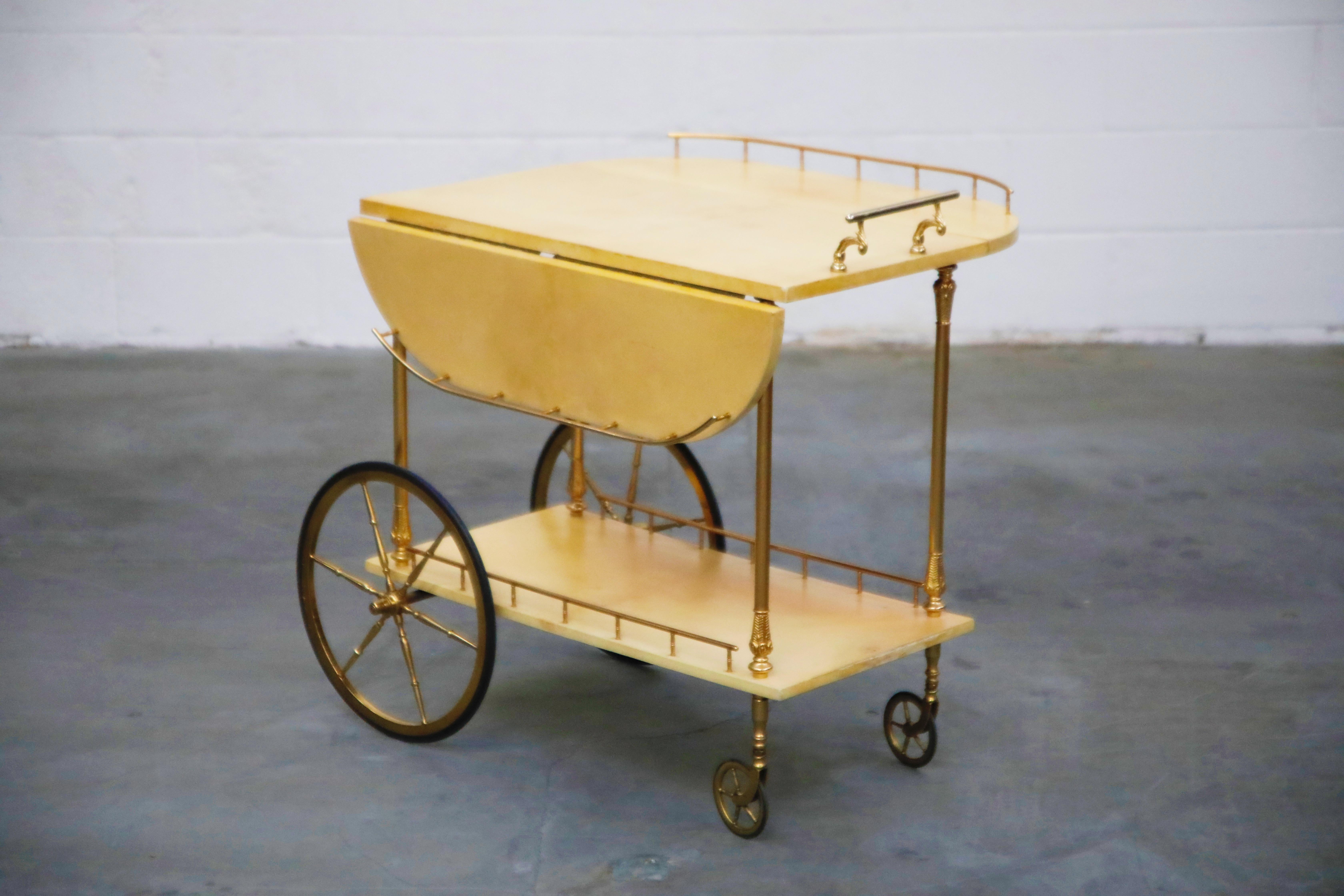 Aldo Tura Lacquered Goatskin and Brass Italian Double Drop-Leaf Bar Cart, Signed In Good Condition In Los Angeles, CA