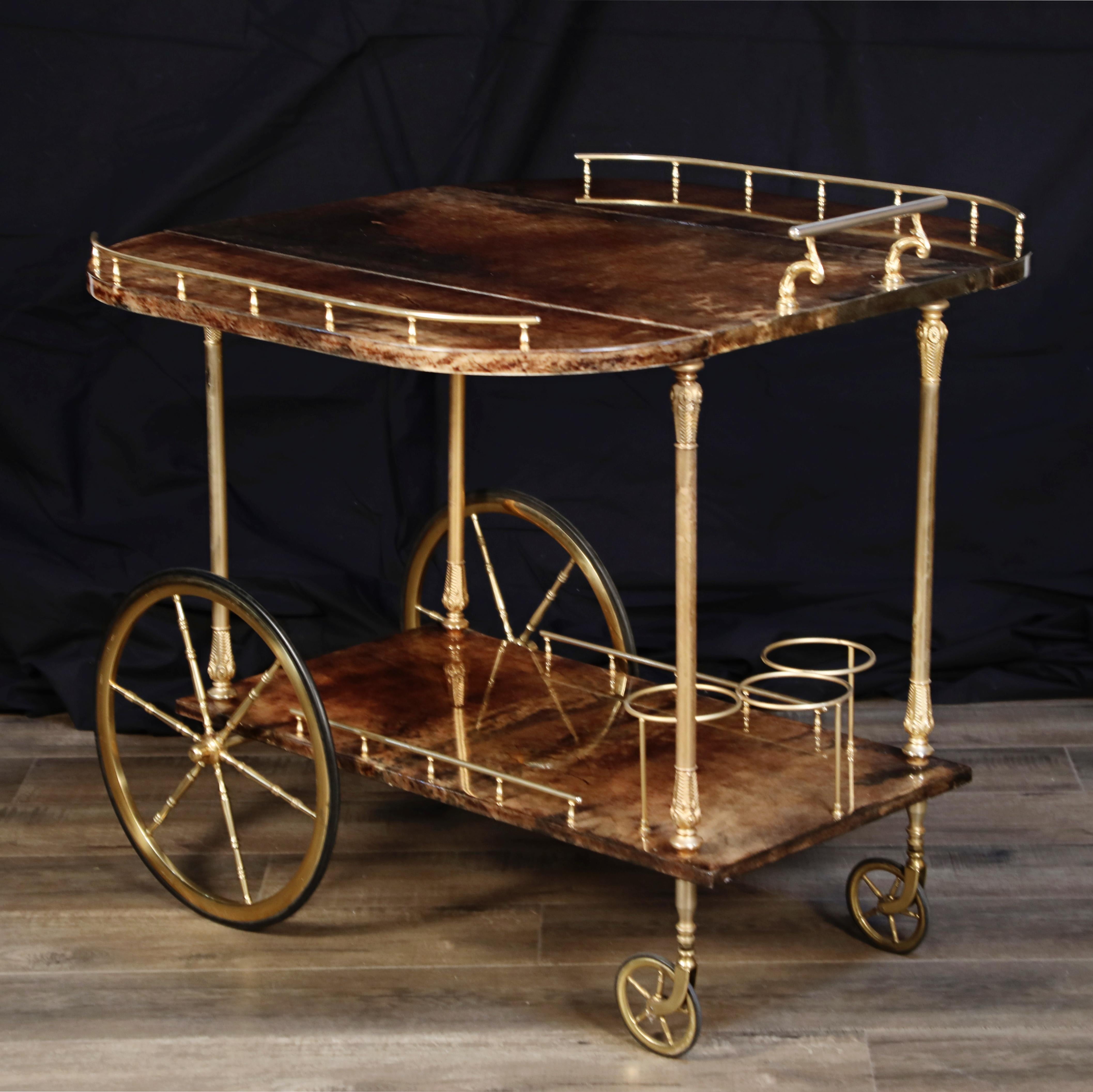 Mid-20th Century Aldo Tura Lacquered Goatskin and Brass Italian Double Drop-Leaf Bar Cart, Signed