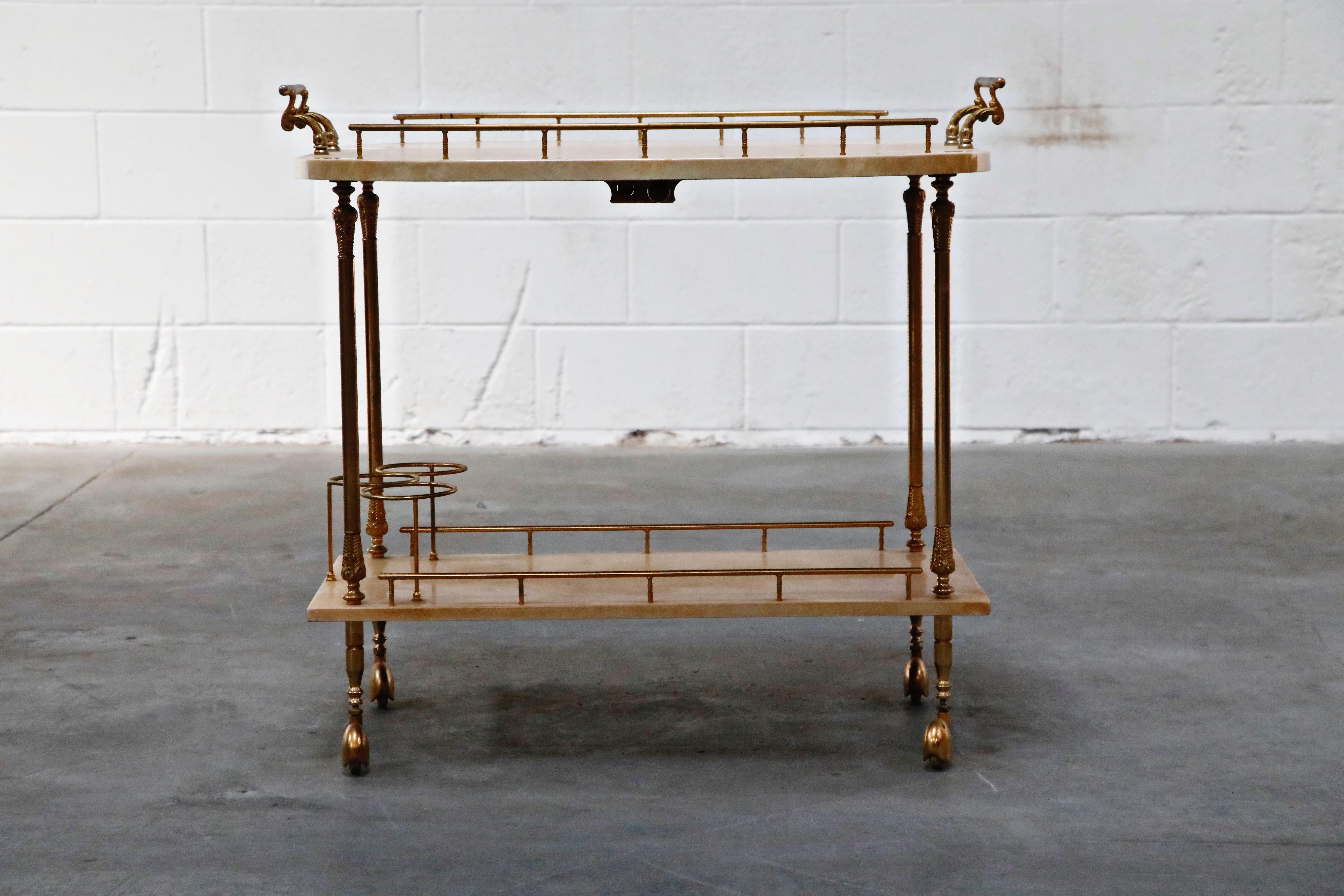 Mid-20th Century Aldo Tura Lacquered Goatskin and Brass Italian Double Drop-Leaf Bar Cart, Signed