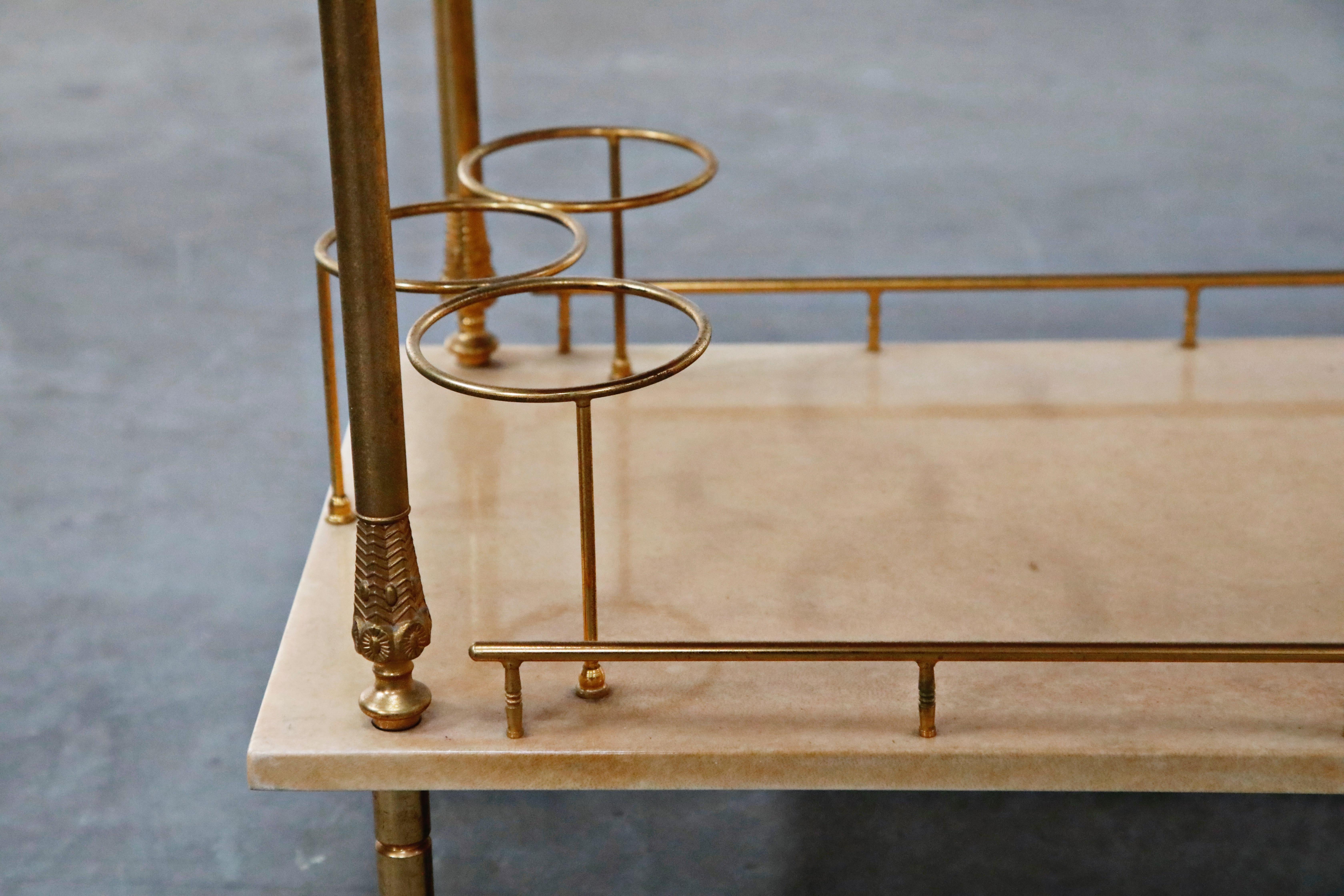 Aldo Tura Lacquered Goatskin and Brass Italian Double Drop-Leaf Bar Cart, Signed 2