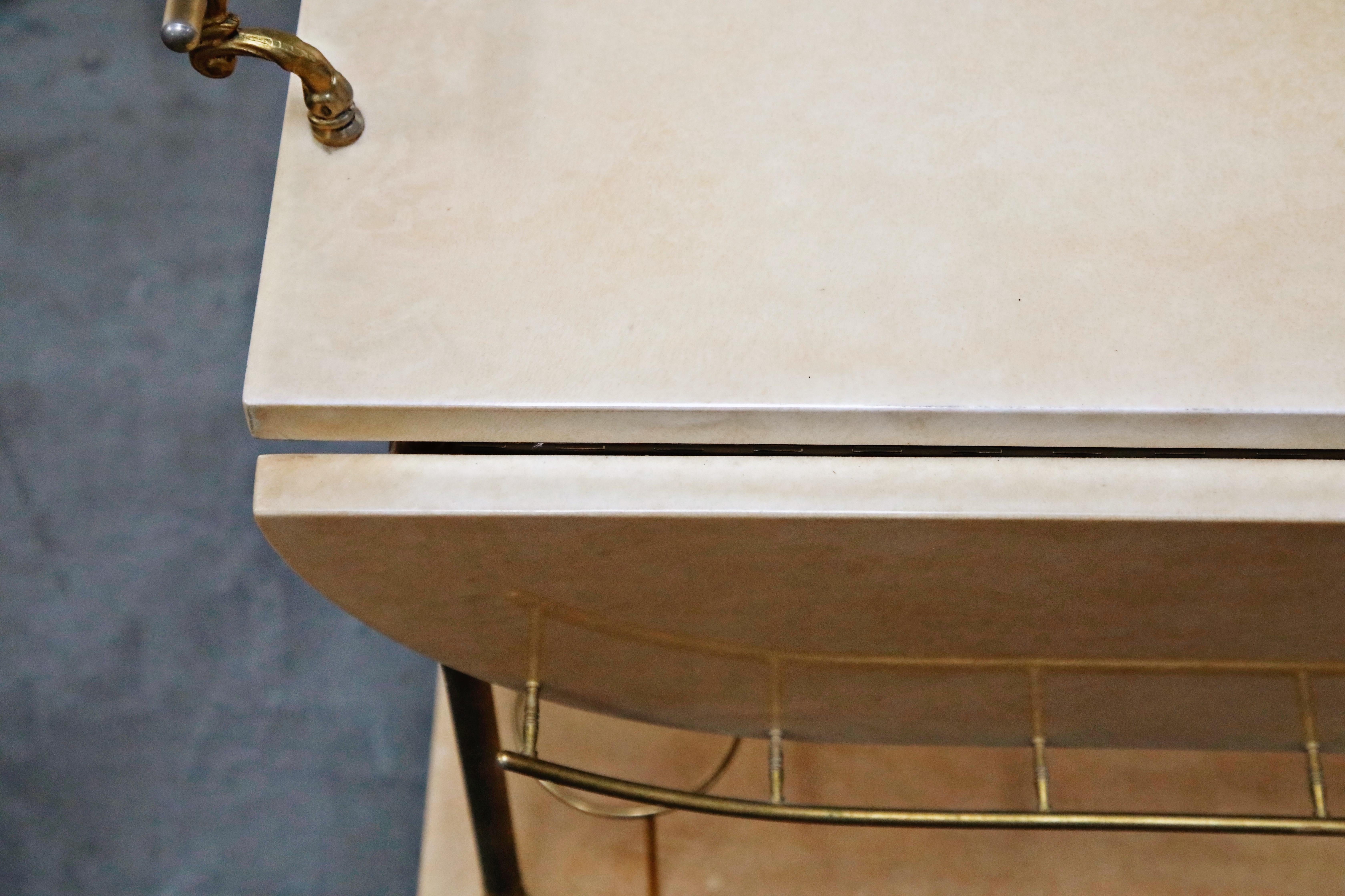 Aldo Tura Lacquered Goatskin and Brass Italian Double Drop-Leaf Bar Cart, Signed 3